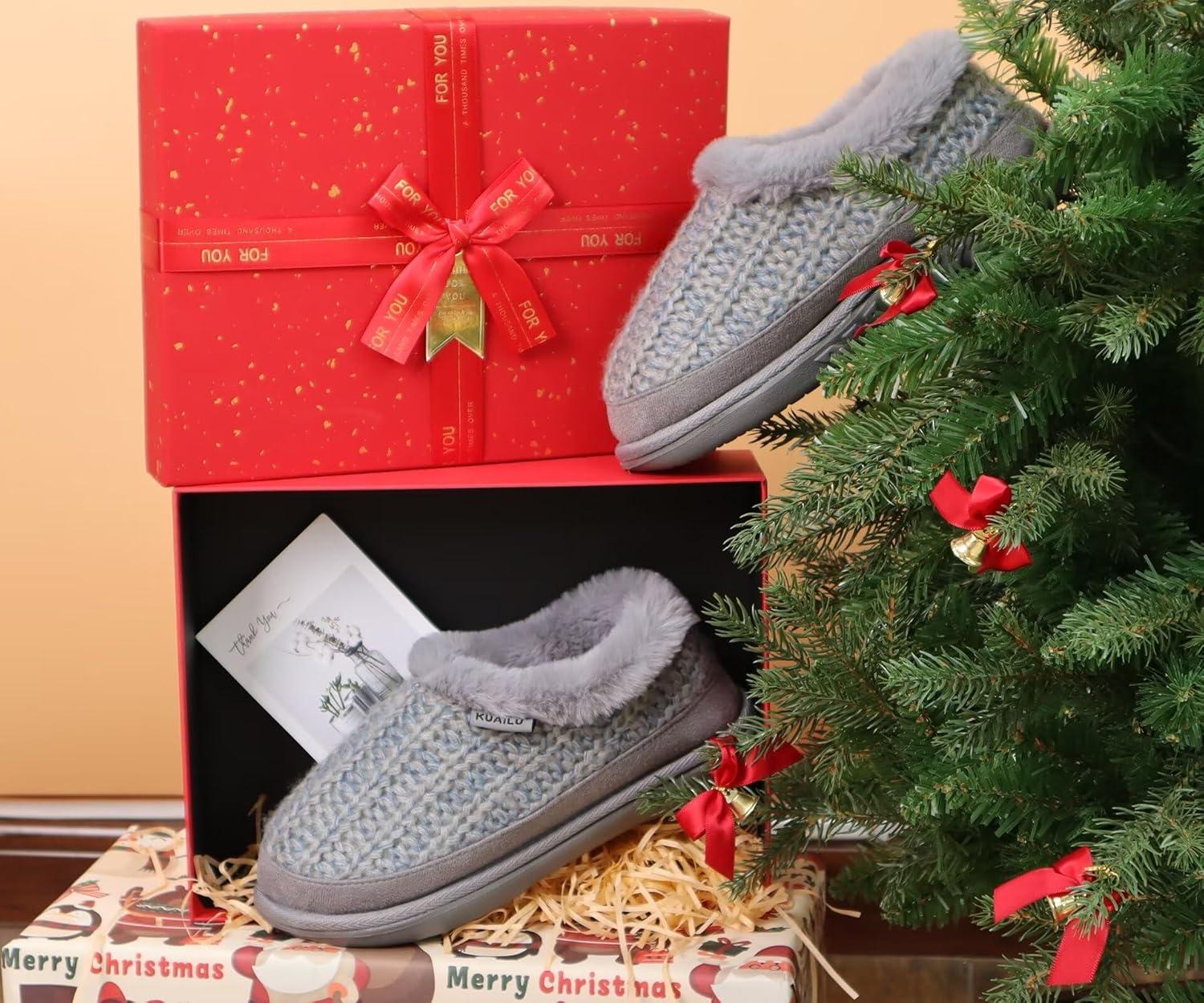 imageKuaiLu House Slippers for Women Comfortable Memory Foam Plaid Slipper Ladies Warm Fuzzy Plush Fur Lined Winter Home Shoes Orthotic Plantar Fasciitis Arch Support Indoor OutdoorGreygo One Size Up