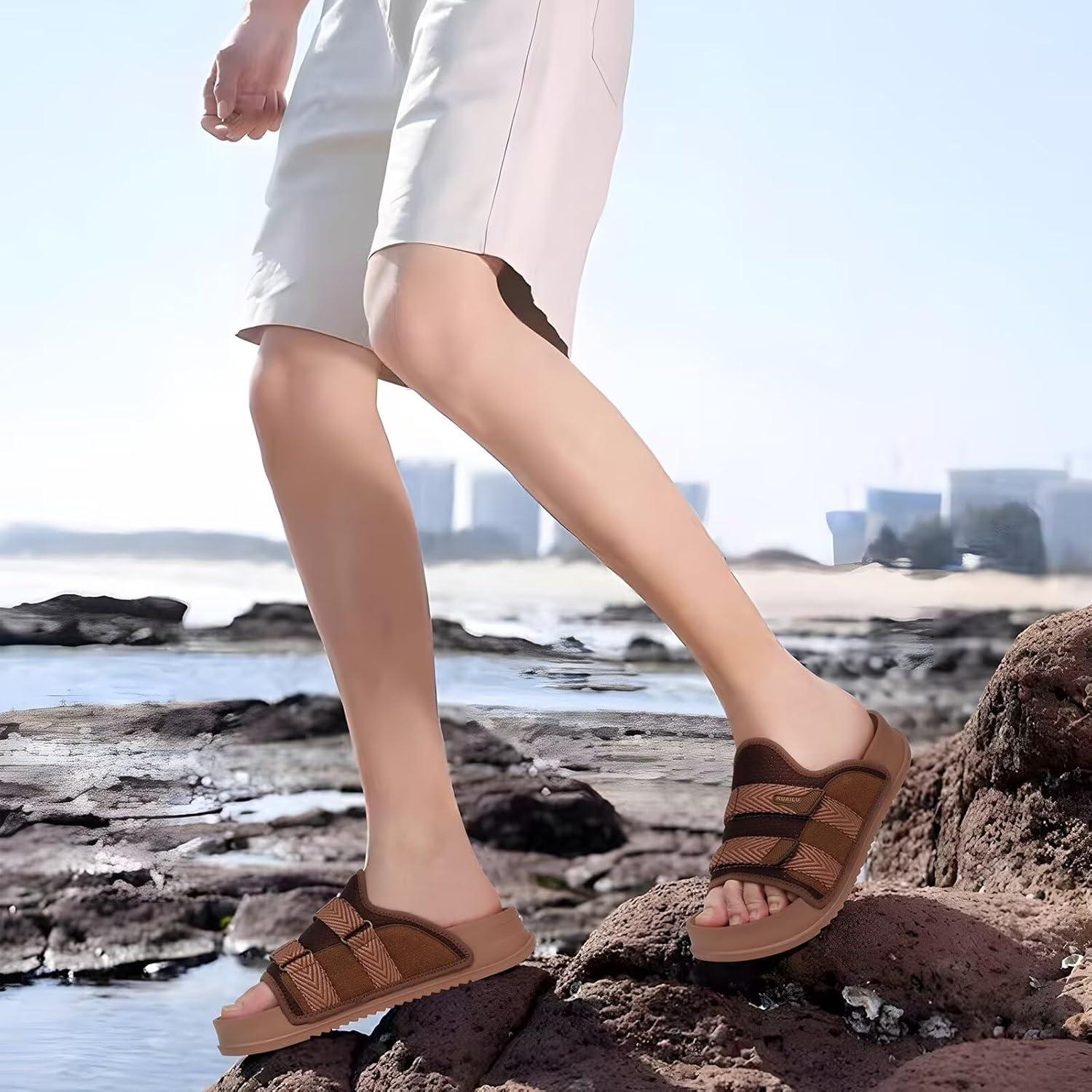 imageKuaiLu Mens Orthotic Sandals Comfortable Arch Support Fabric Sandal Slippers Shoes Man Casual Summer Cushion Slides Slip On Indoor Outdoor  Ultrasoft Comfort Fit FootbedDark Brown