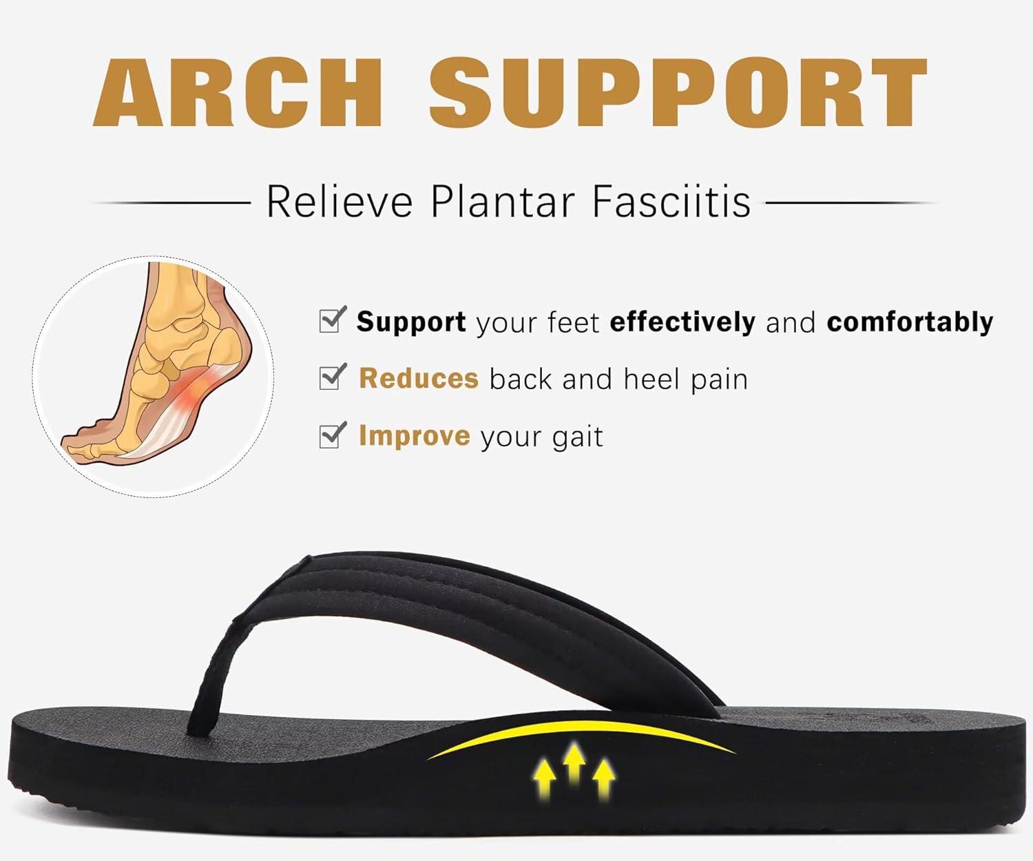 imageKuaiLu Womens Arch Support Flip Flops Ladies Comfort Lightweight Soft Yoga Mat Cushion Walking Thong SandalsAll Black