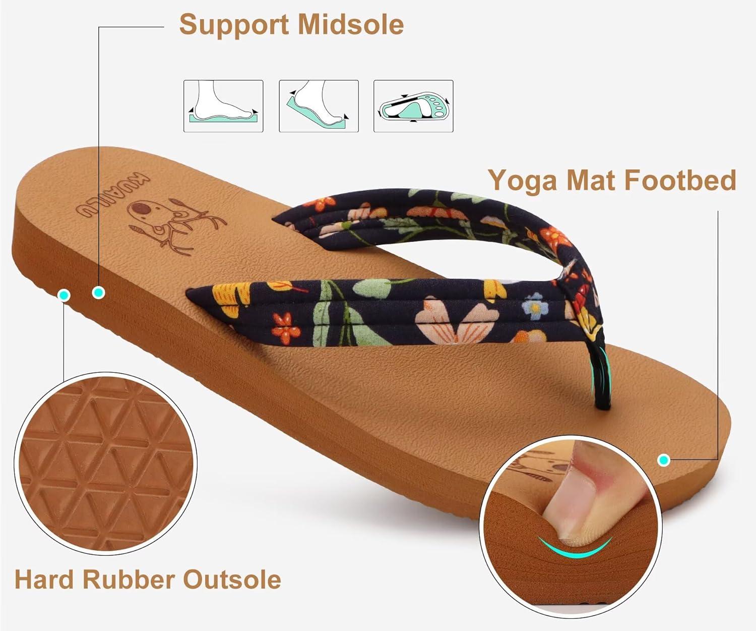 imageKuaiLu Womens Arch Support Flip Flops Ladies Comfort Lightweight Soft Yoga Mat Cushion Walking Thong SandalsBlack Khaki
