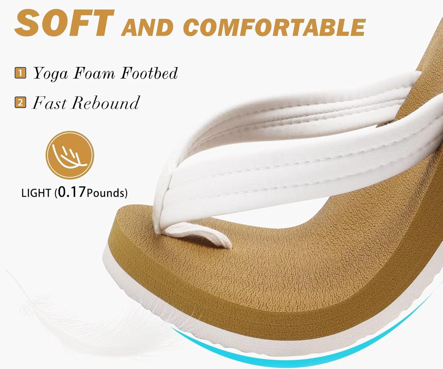 imageKuaiLu Womens Arch Support Flip Flops Ladies Comfort Lightweight Soft Yoga Mat Cushion Walking Thong SandalsWhite Khaki