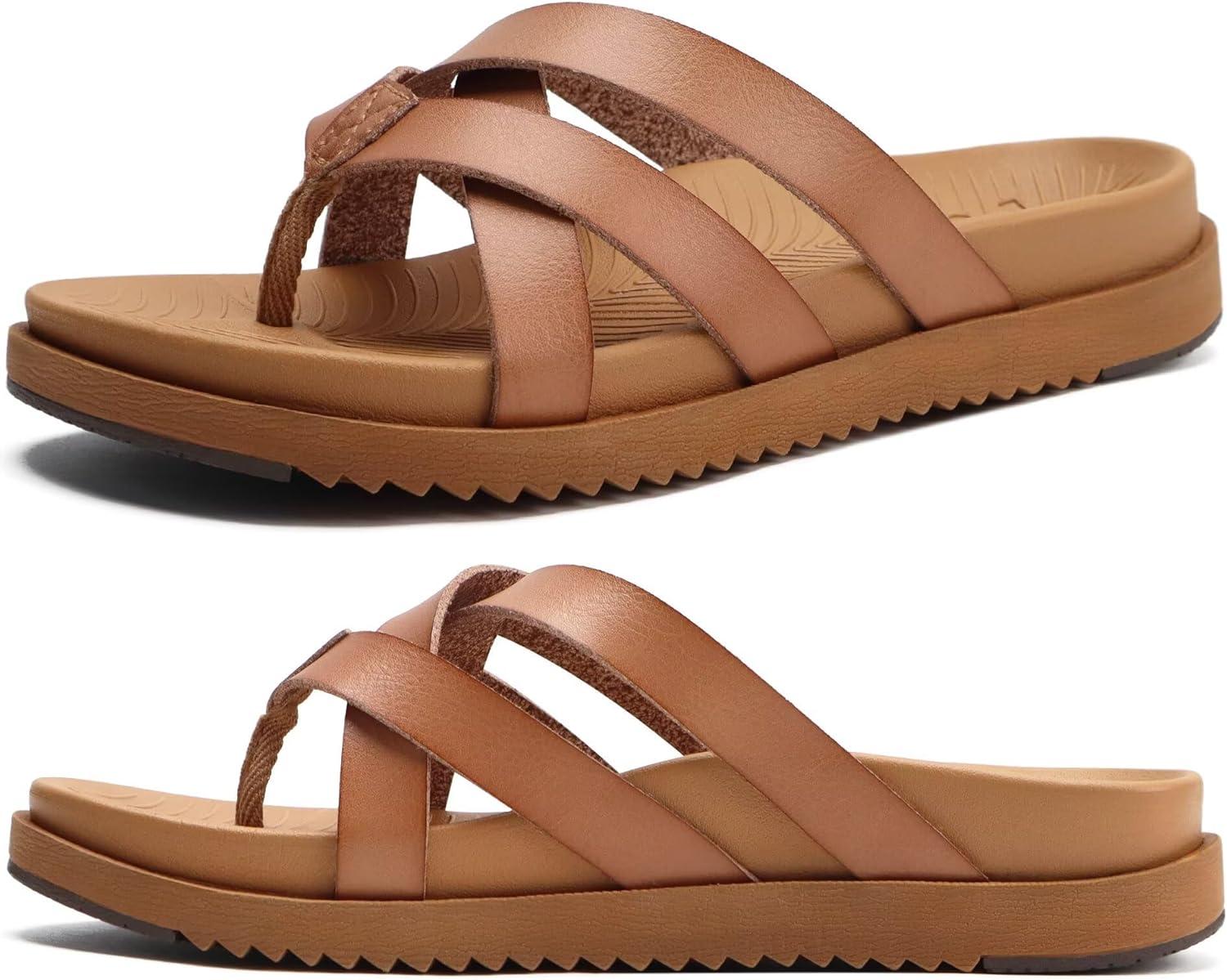 imageKuaiLu Womens Dressy Orthotic Flip Flops Trendy Comfortable Cushion Recovery Walking Criss Cross Thong Sandals Lightweight Yoga Foam Summer Slides with Plantar Fasciitis Arch SupportKhaki