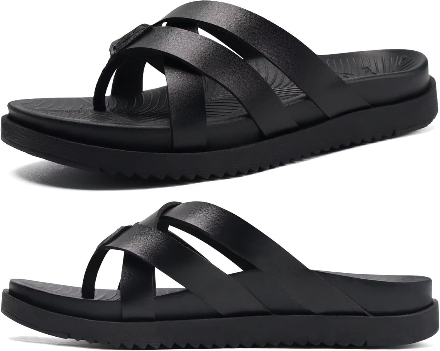 imageKuaiLu Womens Dressy Orthotic Flip Flops Trendy Comfortable Cushion Recovery Walking Criss Cross Thong Sandals Lightweight Yoga Foam Summer Slides with Plantar Fasciitis Arch SupportBlack