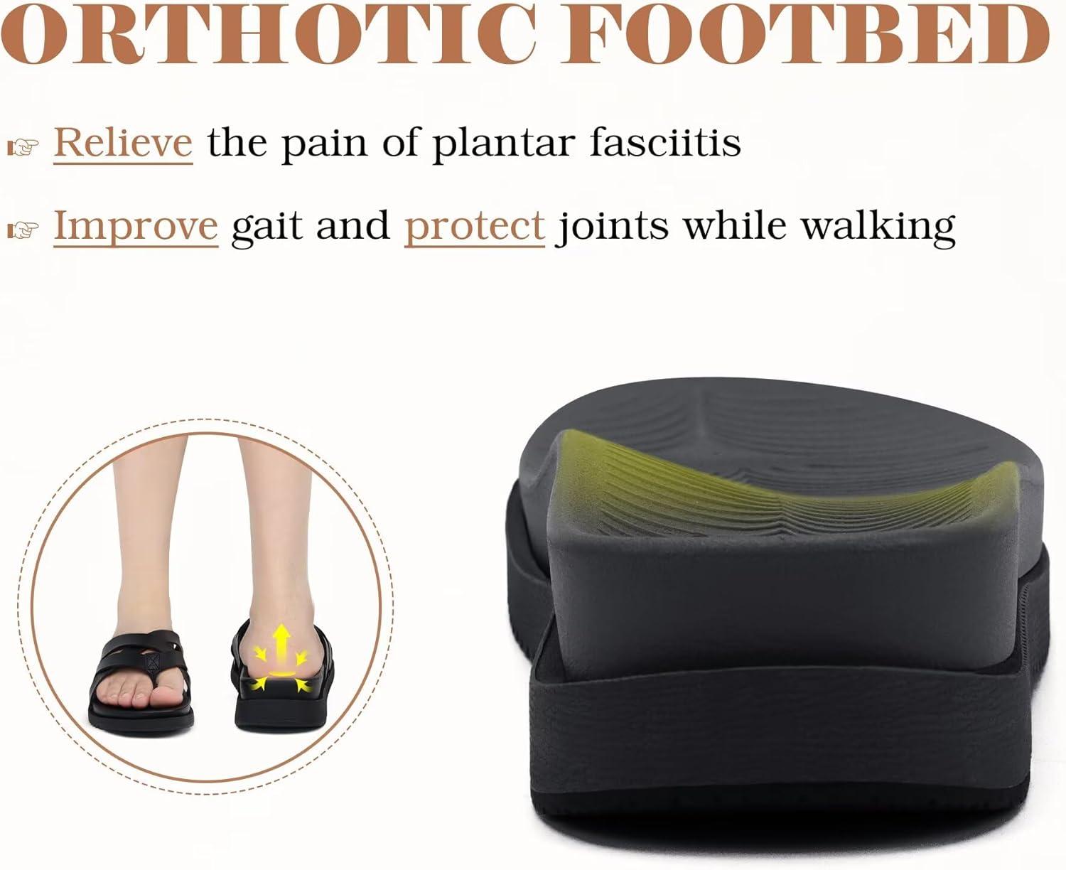 imageKuaiLu Womens Dressy Orthotic Flip Flops Trendy Comfortable Cushion Recovery Walking Criss Cross Thong Sandals Lightweight Yoga Foam Summer Slides with Plantar Fasciitis Arch SupportBlack