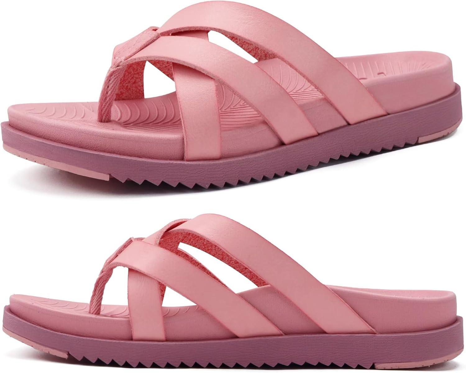 imageKuaiLu Womens Dressy Orthotic Flip Flops Trendy Comfortable Cushion Recovery Walking Criss Cross Thong Sandals Lightweight Yoga Foam Summer Slides with Plantar Fasciitis Arch SupportPink
