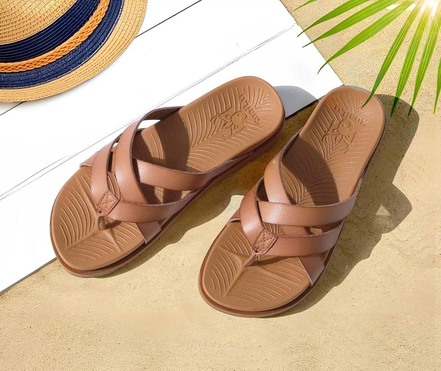imageKuaiLu Womens Dressy Orthotic Flip Flops Trendy Comfortable Cushion Recovery Walking Criss Cross Thong Sandals Lightweight Yoga Foam Summer Slides with Plantar Fasciitis Arch SupportKhaki