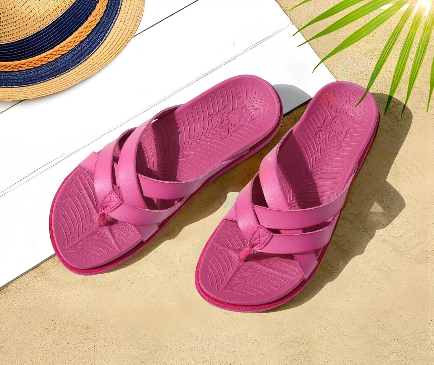 imageKuaiLu Womens Dressy Orthotic Flip Flops Trendy Comfortable Cushion Recovery Walking Criss Cross Thong Sandals Lightweight Yoga Foam Summer Slides with Plantar Fasciitis Arch SupportRose Red