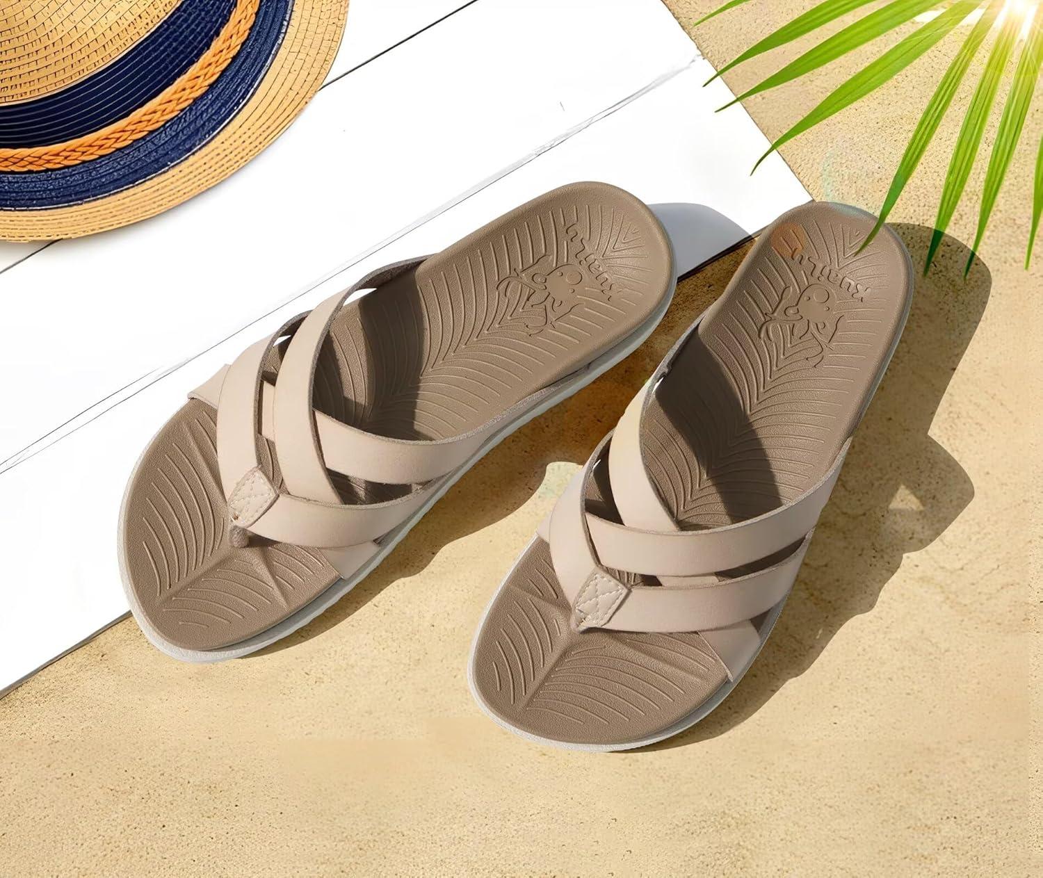 imageKuaiLu Womens Dressy Orthotic Flip Flops Trendy Comfortable Cushion Recovery Walking Criss Cross Thong Sandals Lightweight Yoga Foam Summer Slides with Plantar Fasciitis Arch SupportBeige