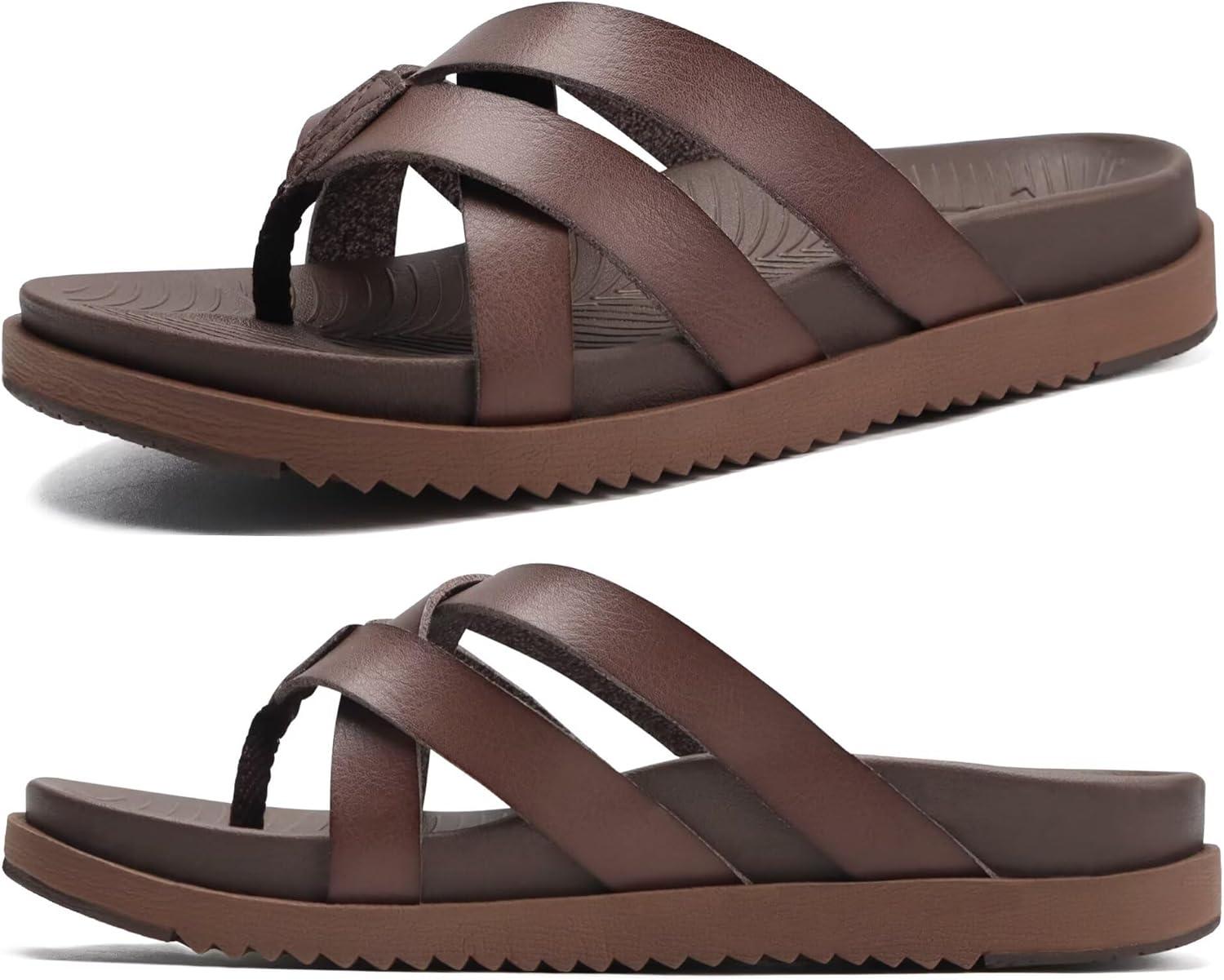 imageKuaiLu Womens Dressy Orthotic Flip Flops Trendy Comfortable Cushion Recovery Walking Criss Cross Thong Sandals Lightweight Yoga Foam Summer Slides with Plantar Fasciitis Arch SupportBrown