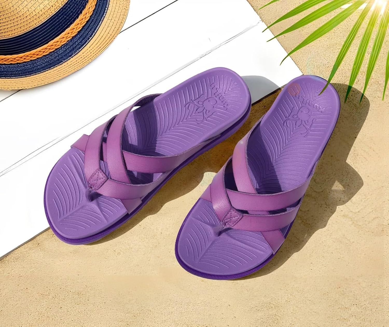 imageKuaiLu Womens Dressy Orthotic Flip Flops Trendy Comfortable Cushion Recovery Walking Criss Cross Thong Sandals Lightweight Yoga Foam Summer Slides with Plantar Fasciitis Arch SupportPurple