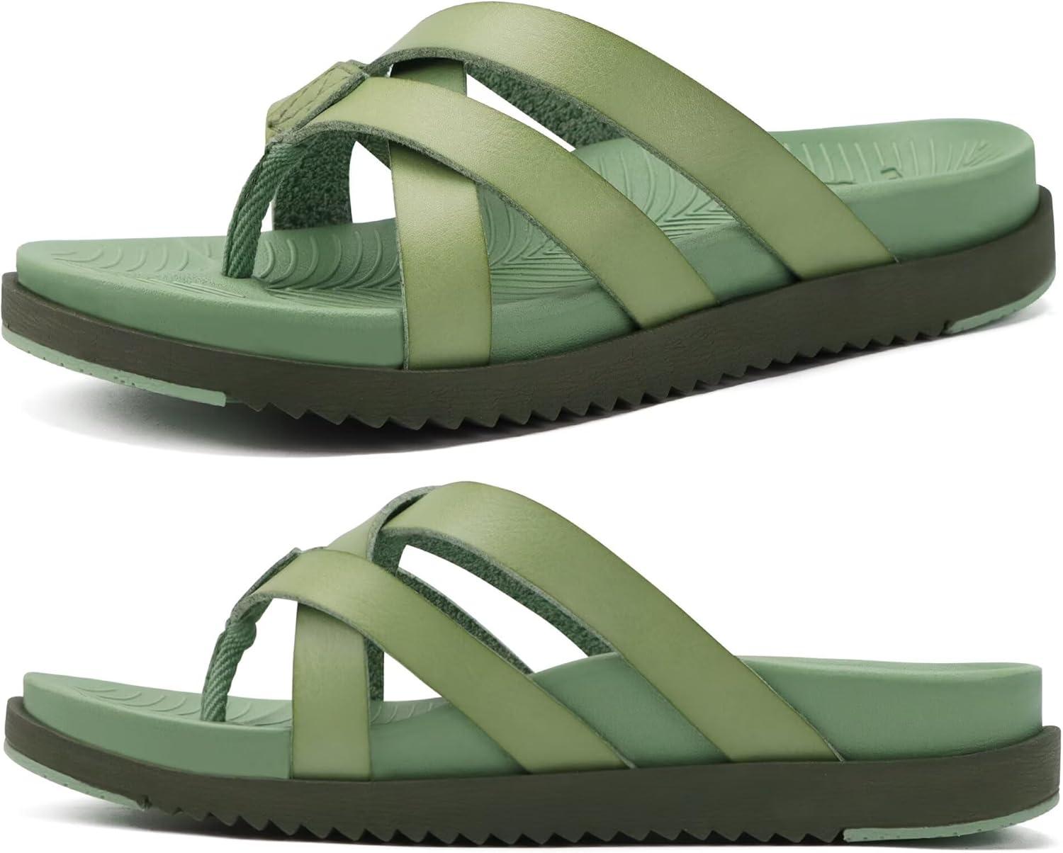 imageKuaiLu Womens Dressy Orthotic Flip Flops Trendy Comfortable Cushion Recovery Walking Criss Cross Thong Sandals Lightweight Yoga Foam Summer Slides with Plantar Fasciitis Arch SupportGreen