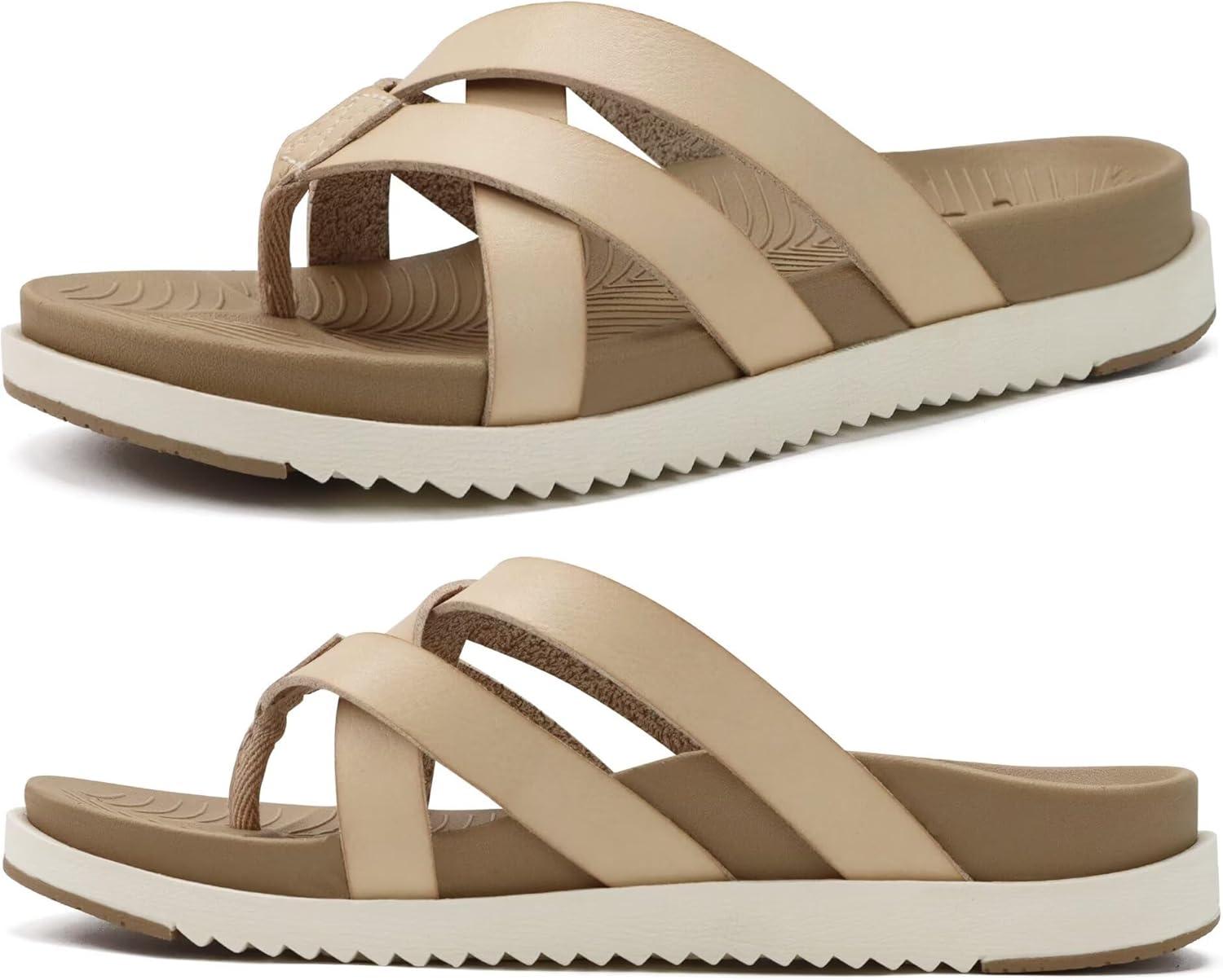 imageKuaiLu Womens Dressy Orthotic Flip Flops Trendy Comfortable Cushion Recovery Walking Criss Cross Thong Sandals Lightweight Yoga Foam Summer Slides with Plantar Fasciitis Arch SupportBeige