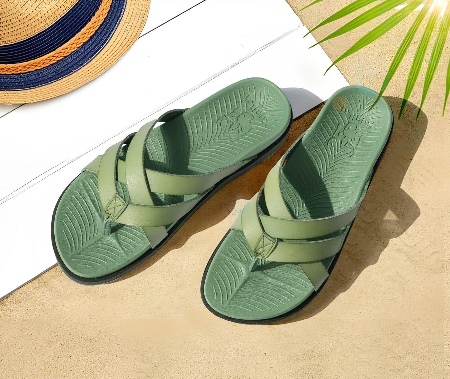imageKuaiLu Womens Dressy Orthotic Flip Flops Trendy Comfortable Cushion Recovery Walking Criss Cross Thong Sandals Lightweight Yoga Foam Summer Slides with Plantar Fasciitis Arch SupportGreen