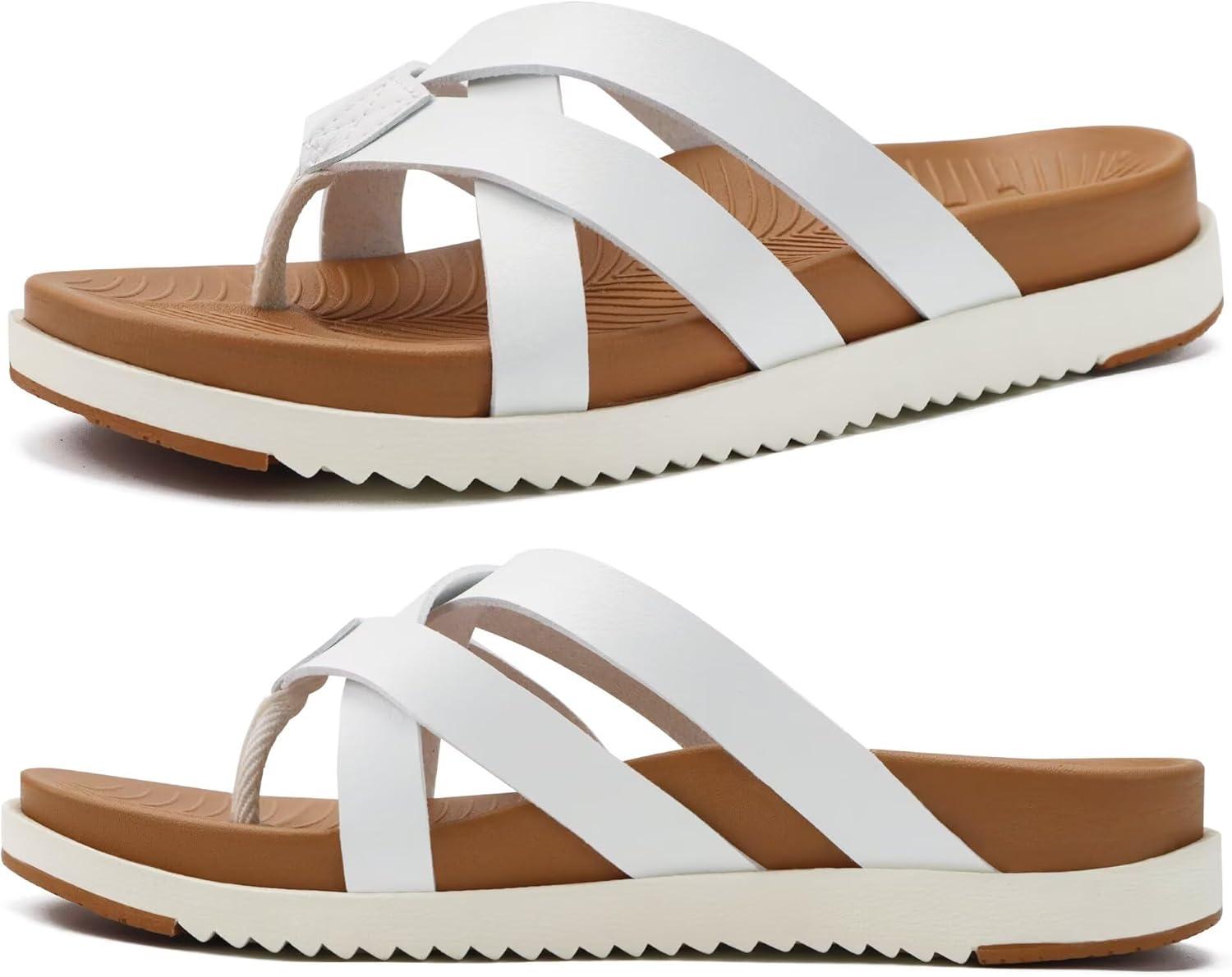 imageKuaiLu Womens Dressy Orthotic Flip Flops Trendy Comfortable Cushion Recovery Walking Criss Cross Thong Sandals Lightweight Yoga Foam Summer Slides with Plantar Fasciitis Arch SupportWhite Khaki