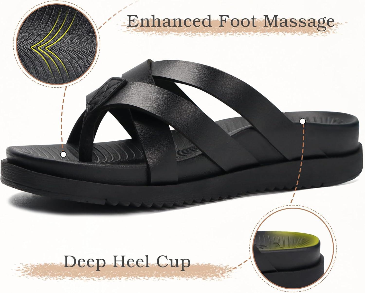 imageKuaiLu Womens Dressy Orthotic Flip Flops Trendy Comfortable Cushion Recovery Walking Criss Cross Thong Sandals Lightweight Yoga Foam Summer Slides with Plantar Fasciitis Arch SupportBlack