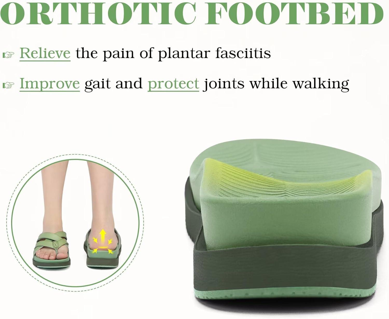 imageKuaiLu Womens Dressy Orthotic Flip Flops Trendy Comfortable Cushion Recovery Walking Criss Cross Thong Sandals Lightweight Yoga Foam Summer Slides with Plantar Fasciitis Arch SupportGreen