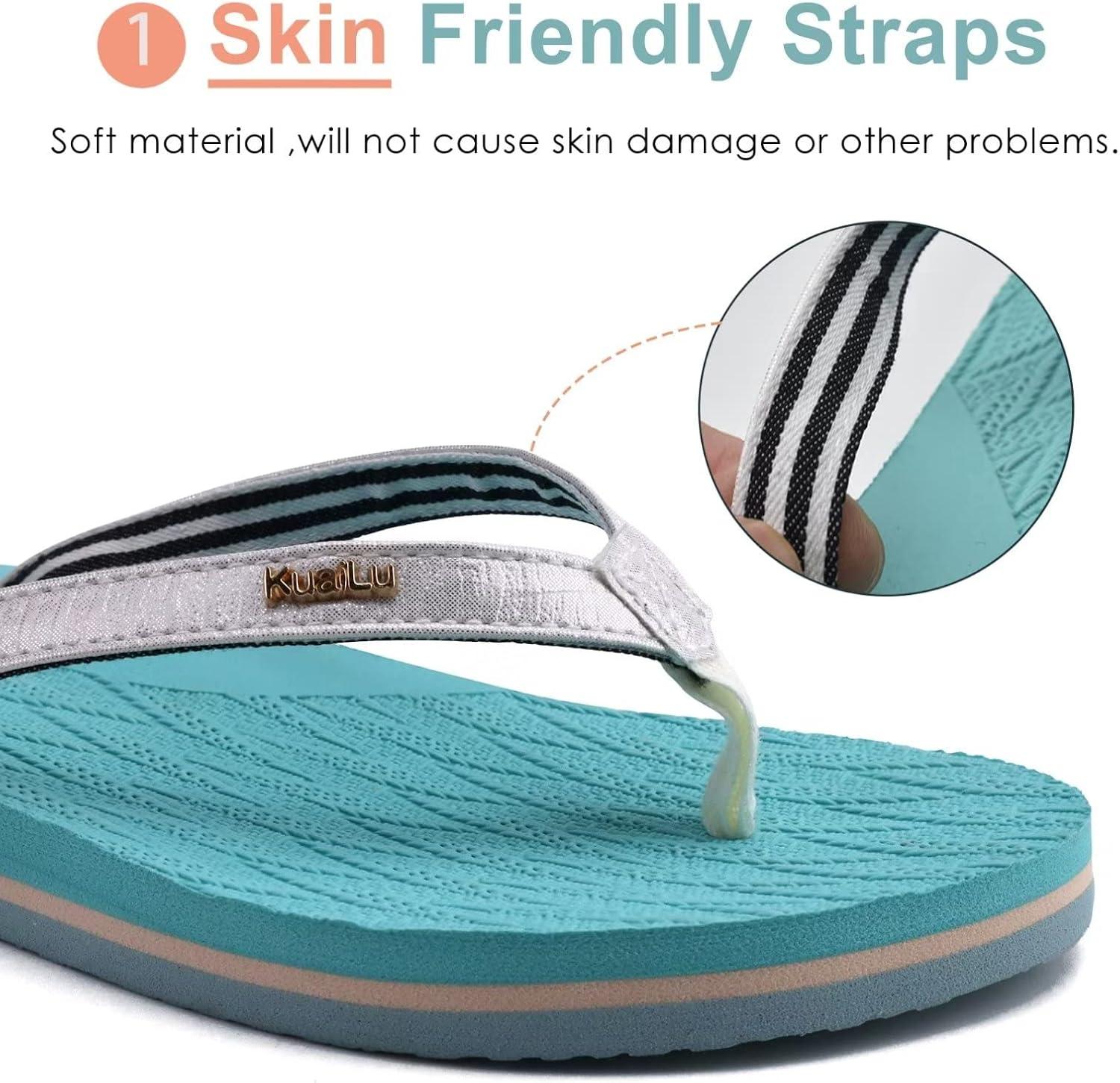 imageKuaiLu Womens Fashion Flip Flops Ladies Lightweight Summer Beach Yoga Mat Thong Sandals with Comfortable Arch SupportBlue Silver