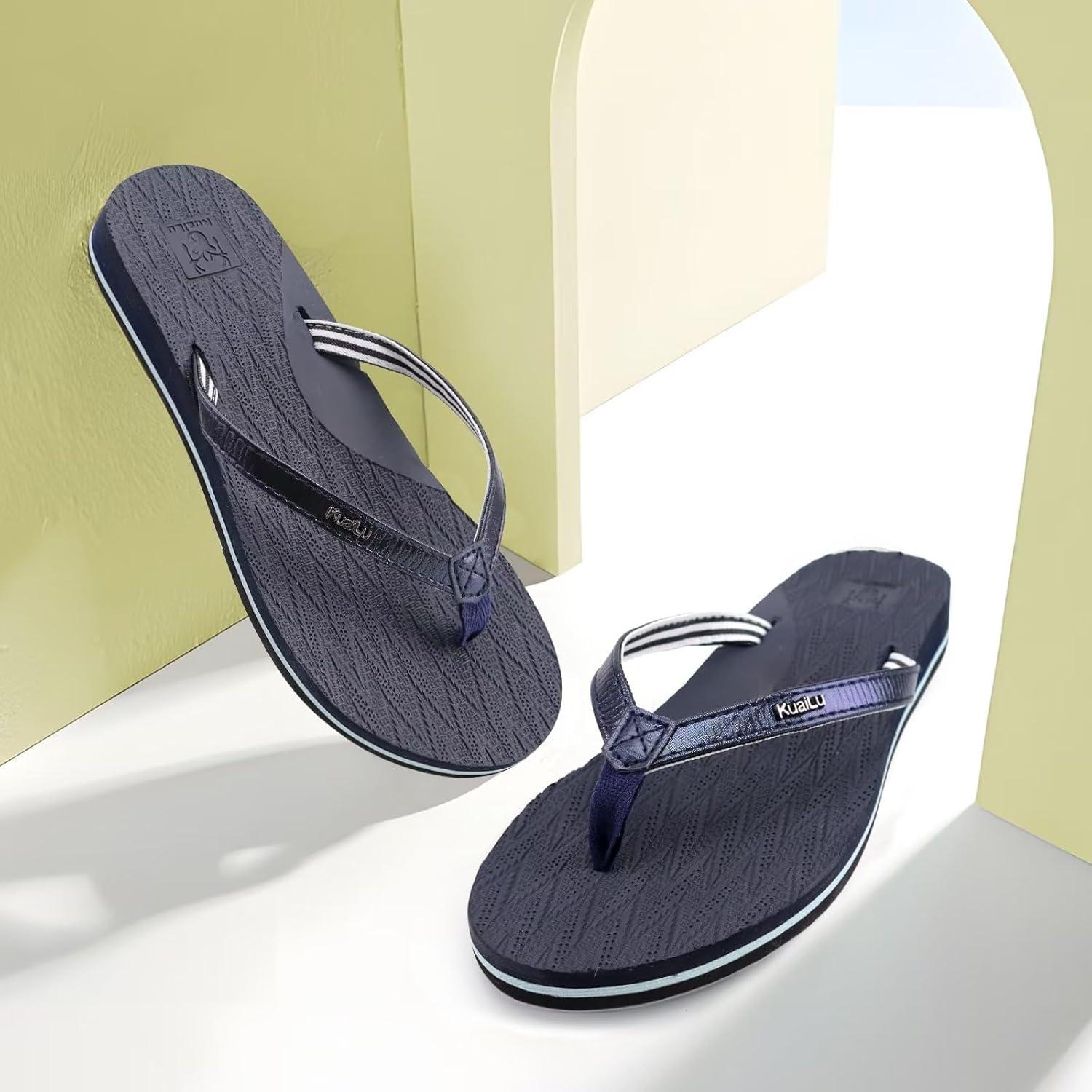 imageKuaiLu Womens Fashion Flip Flops Ladies Lightweight Summer Beach Yoga Mat Thong Sandals with Comfortable Arch SupportDarkblue