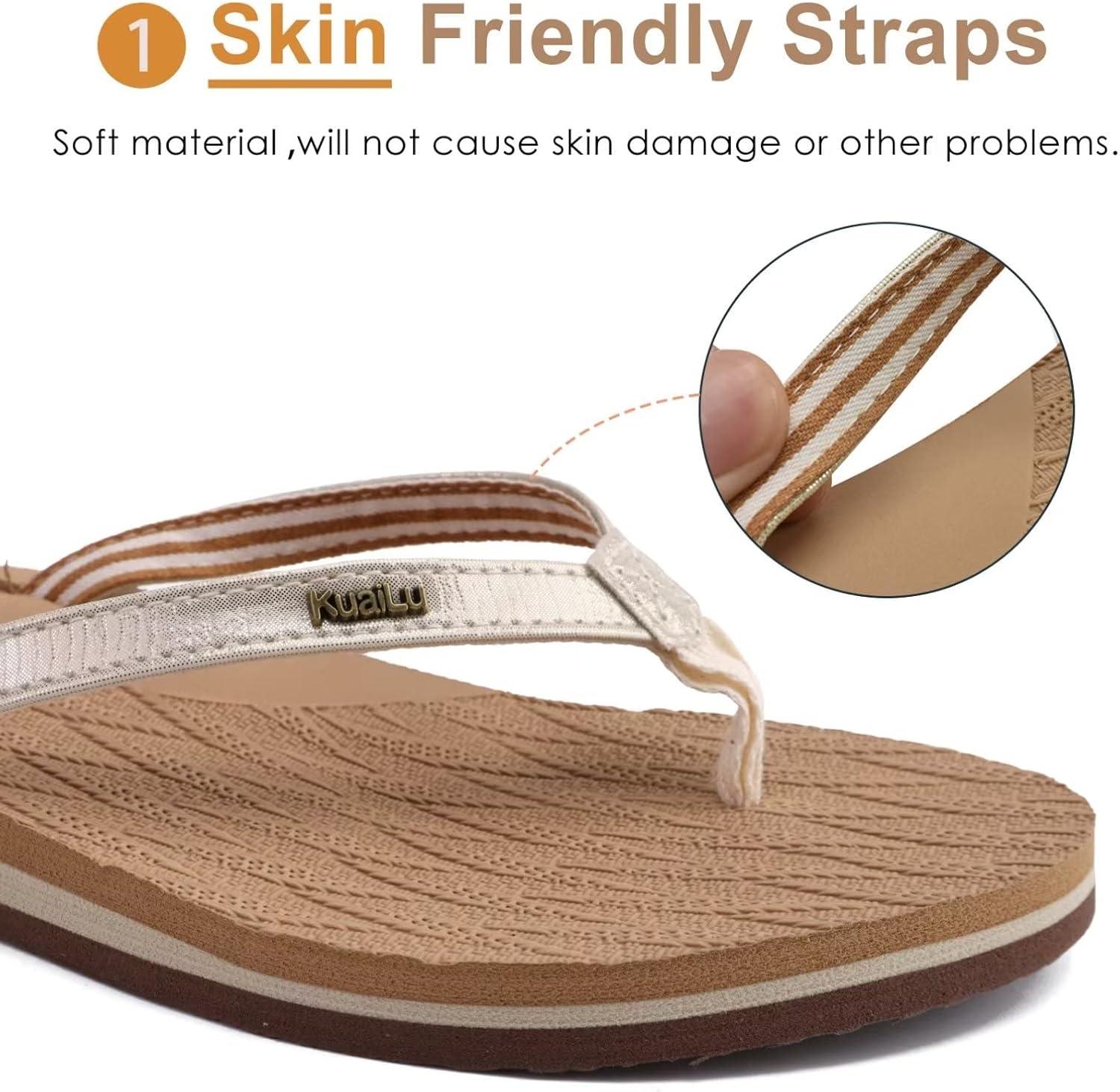 imageKuaiLu Womens Fashion Flip Flops Ladies Lightweight Summer Beach Yoga Mat Thong Sandals with Comfortable Arch SupportShiny Beige