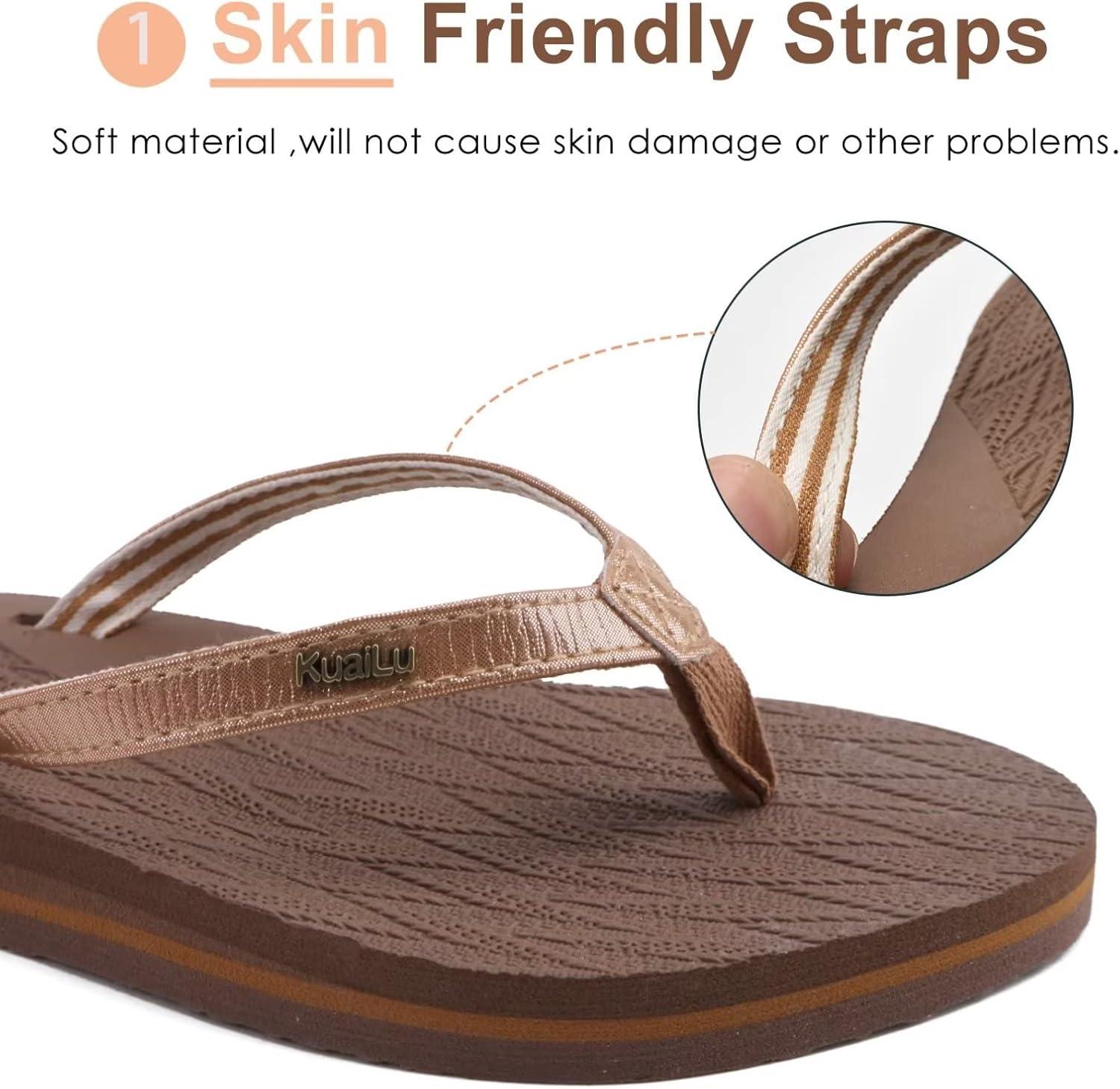 imageKuaiLu Womens Fashion Flip Flops Ladies Lightweight Summer Beach Yoga Mat Thong Sandals with Comfortable Arch SupportShiny Brown