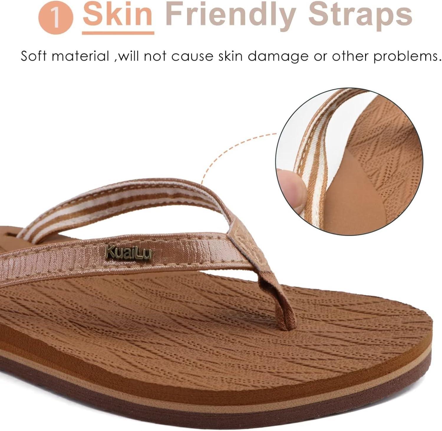 imageKuaiLu Womens Fashion Flip Flops Ladies Lightweight Summer Beach Yoga Mat Thong Sandals with Comfortable Arch SupportShiny Khaki