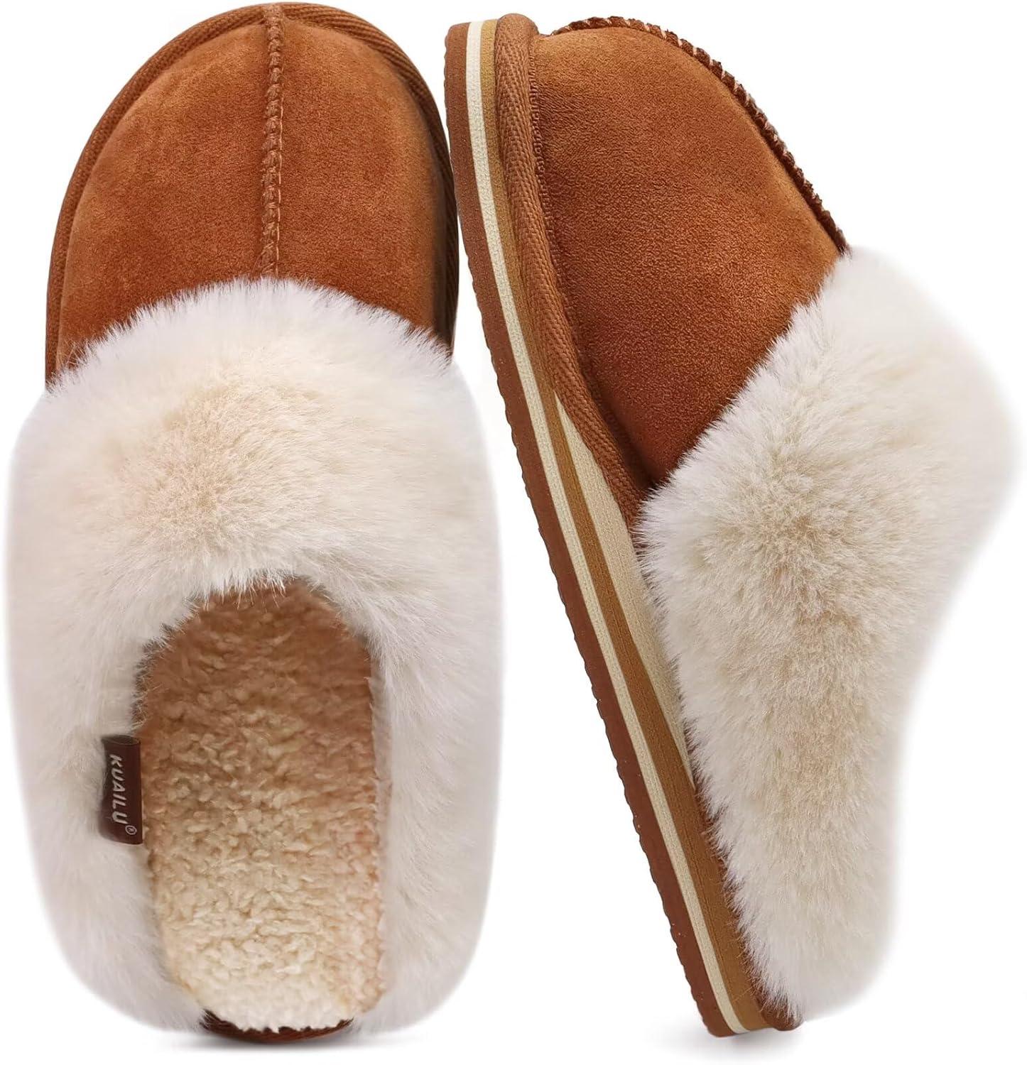imageKuaiLu Womens Fluff Dual Memory Foam Slippers Ladies Cozy Arch Support Warm Scuff Slippers Slip on Comfy Winter House Shoes with NonSlip Indoor Outdoor Hard SoleChestnut