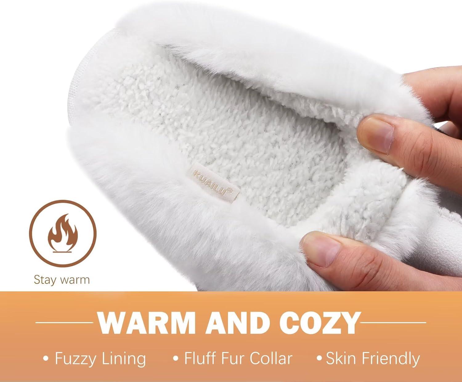 imageKuaiLu Womens Fluff Dual Memory Foam Slippers Ladies Cozy Arch Support Warm Scuff Slippers Slip on Comfy Winter House Shoes with NonSlip Indoor Outdoor Hard SoleSnow White