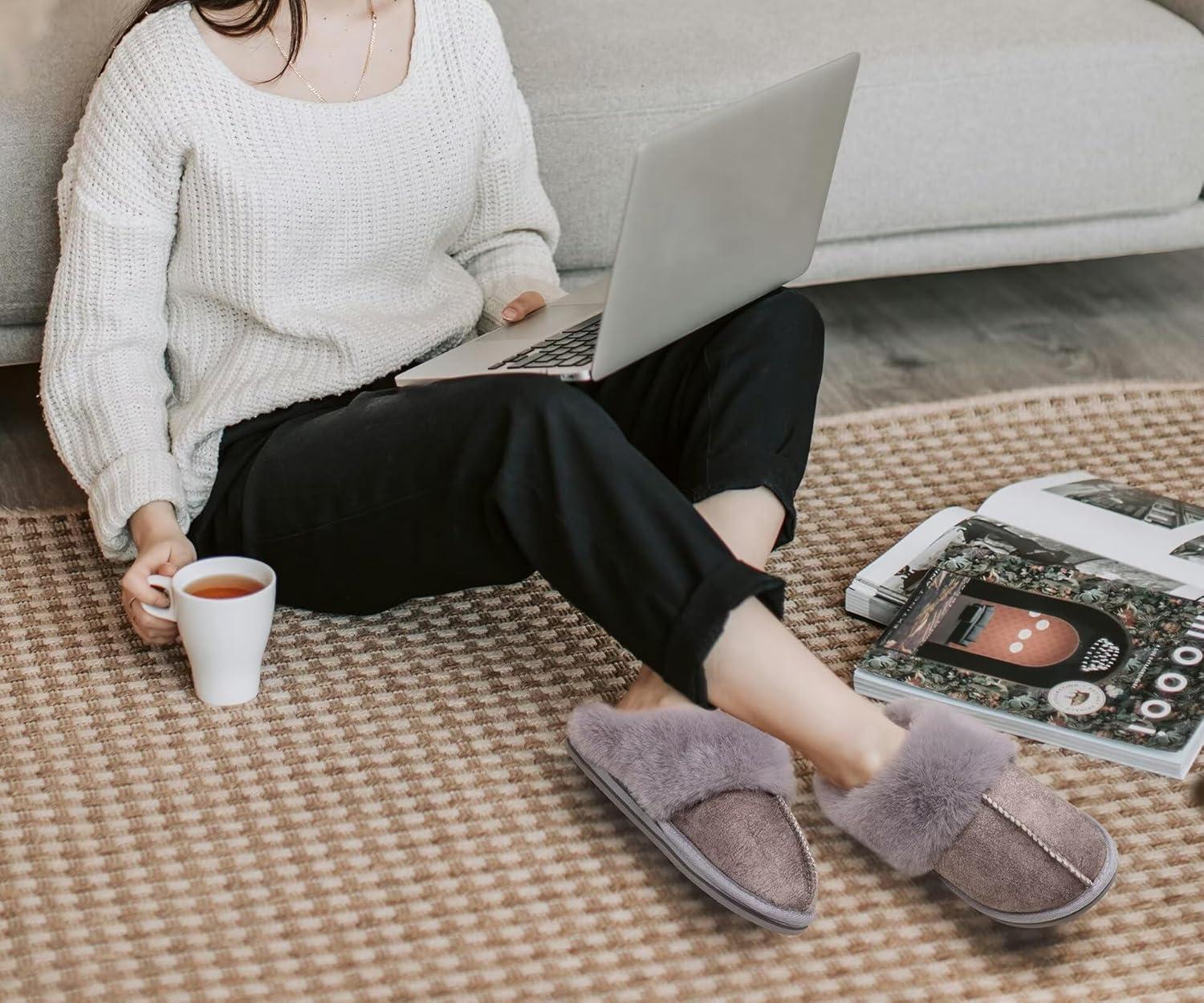imageKuaiLu Womens Fluff Dual Memory Foam Slippers Ladies Cozy Arch Support Warm Scuff Slippers Slip on Comfy Winter House Shoes with NonSlip Indoor Outdoor Hard SoleGrey