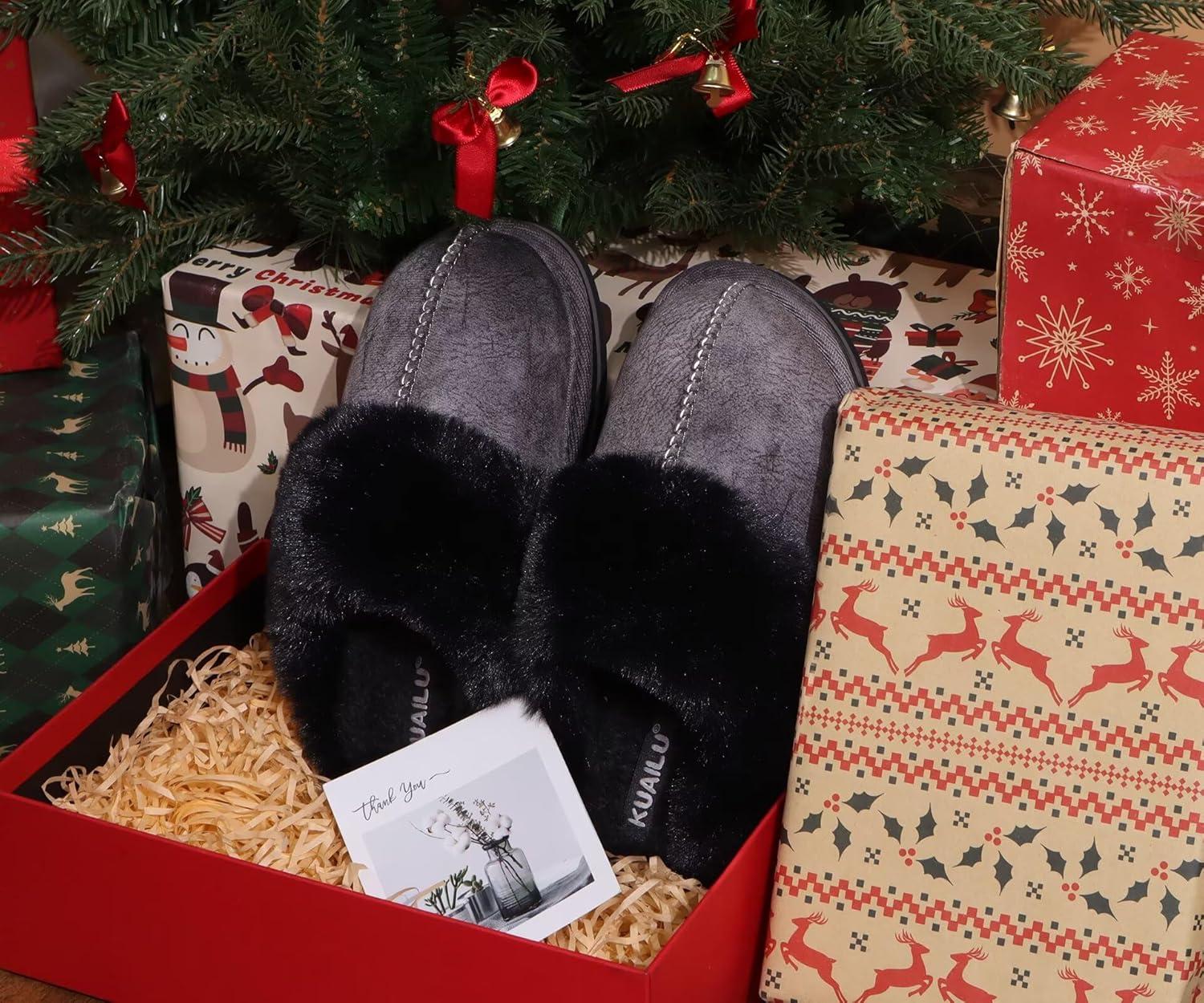 imageKuaiLu Womens Fluff Dual Memory Foam Slippers Ladies Cozy Arch Support Warm Scuff Slippers Slip on Comfy Winter House Shoes with NonSlip Indoor Outdoor Hard SoleBlack