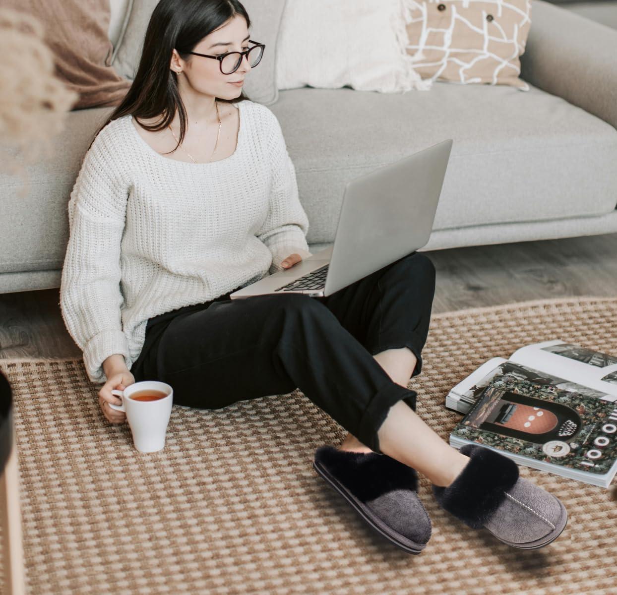 imageKuaiLu Womens Fluff Dual Memory Foam Slippers Ladies Cozy Arch Support Warm Scuff Slippers Slip on Comfy Winter House Shoes with NonSlip Indoor Outdoor Hard SoleBlack