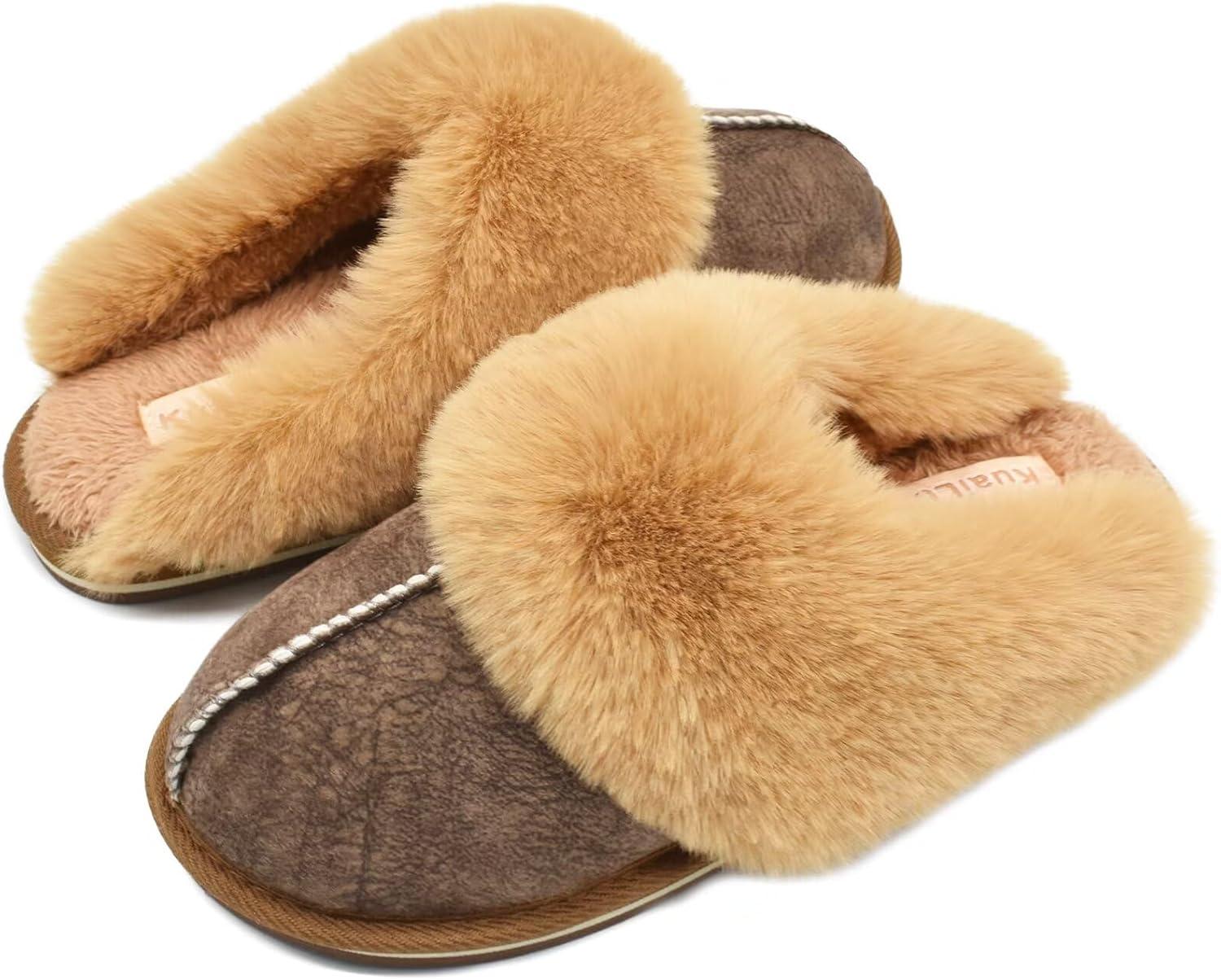 imageKuaiLu Womens Fluff Dual Memory Foam Slippers Ladies Cozy Arch Support Warm Scuff Slippers Slip on Comfy Winter House Shoes with NonSlip Indoor Outdoor Hard SoleBrown