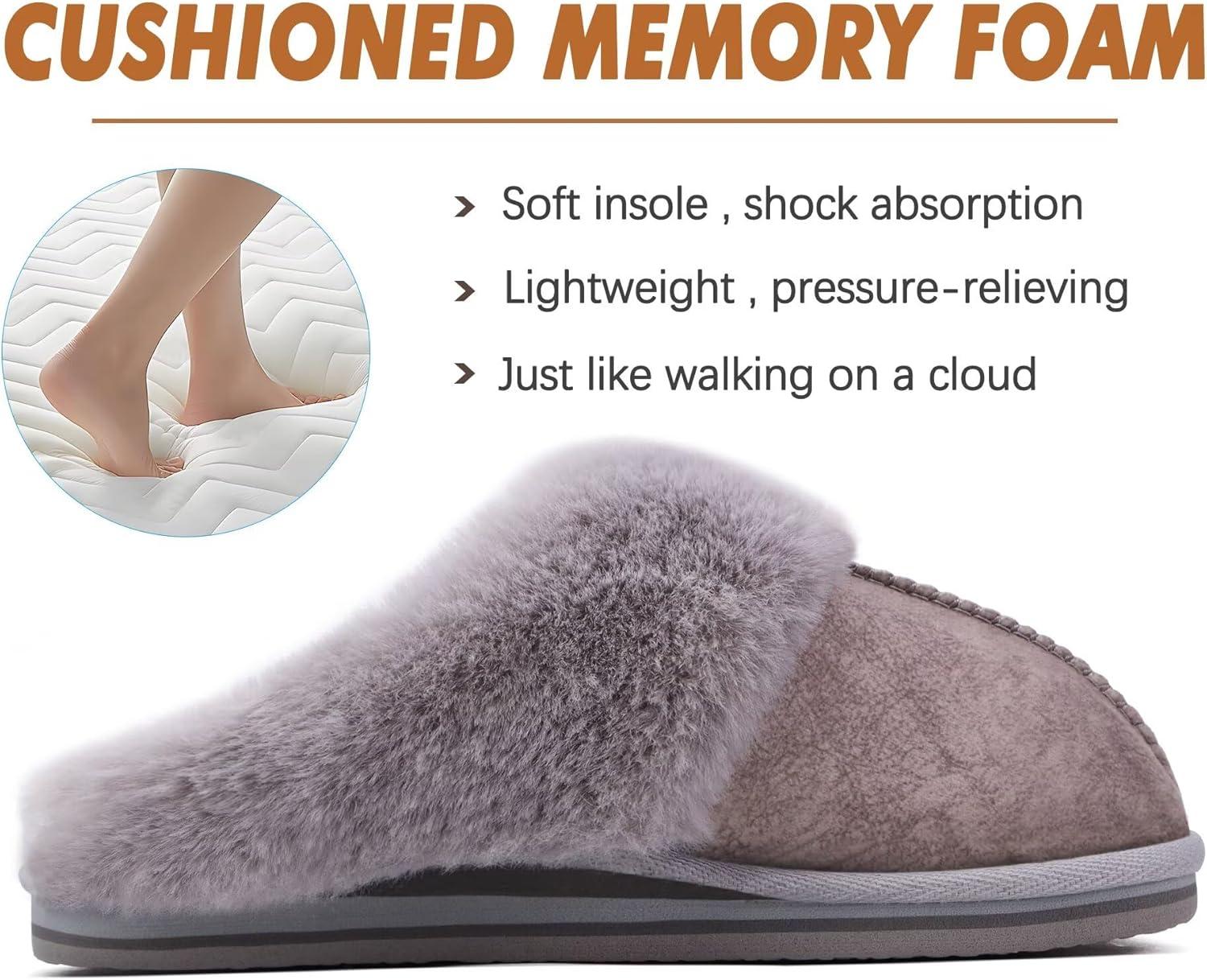 imageKuaiLu Womens Fluff Dual Memory Foam Slippers Ladies Cozy Arch Support Warm Scuff Slippers Slip on Comfy Winter House Shoes with NonSlip Indoor Outdoor Hard SoleGrey