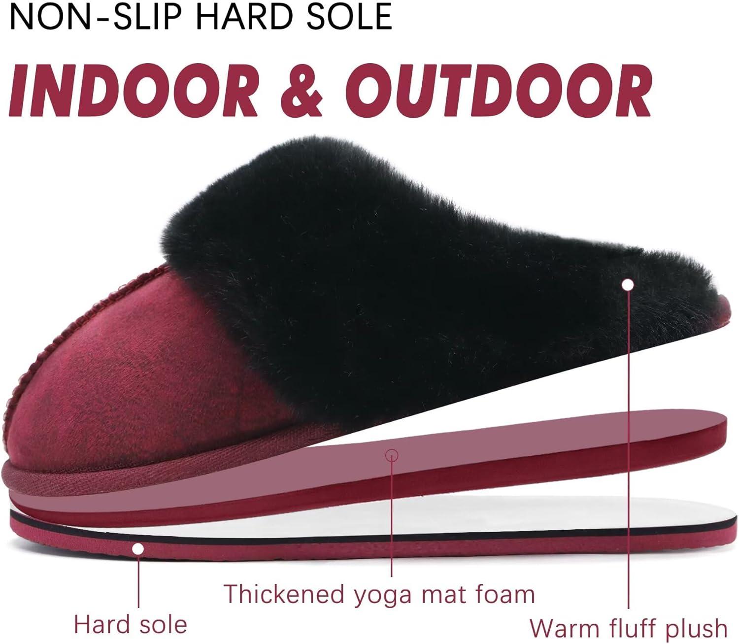 imageKuaiLu Womens Fluff Dual Memory Foam Slippers Ladies Cozy Arch Support Warm Scuff Slippers Slip on Comfy Winter House Shoes with NonSlip Indoor Outdoor Hard SoleRed