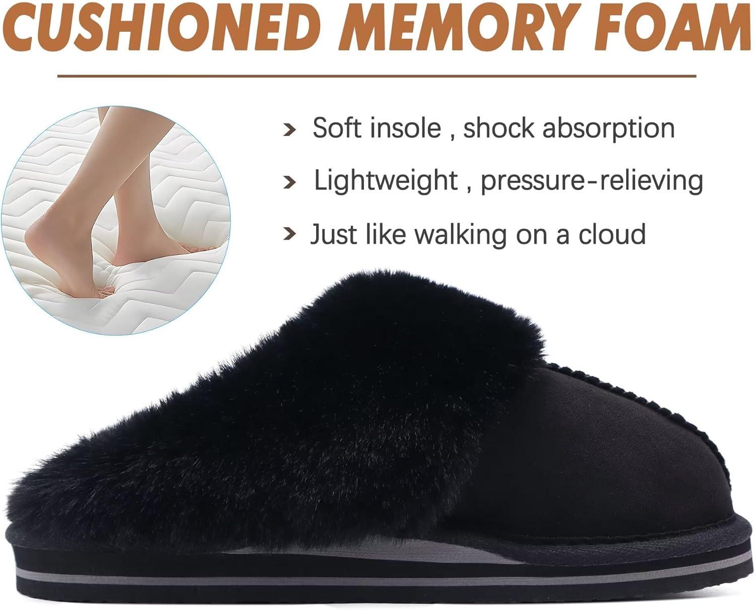 imageKuaiLu Womens Fluff Dual Memory Foam Slippers Ladies Cozy Arch Support Warm Scuff Slippers Slip on Comfy Winter House Shoes with NonSlip Indoor Outdoor Hard SoleDark Black