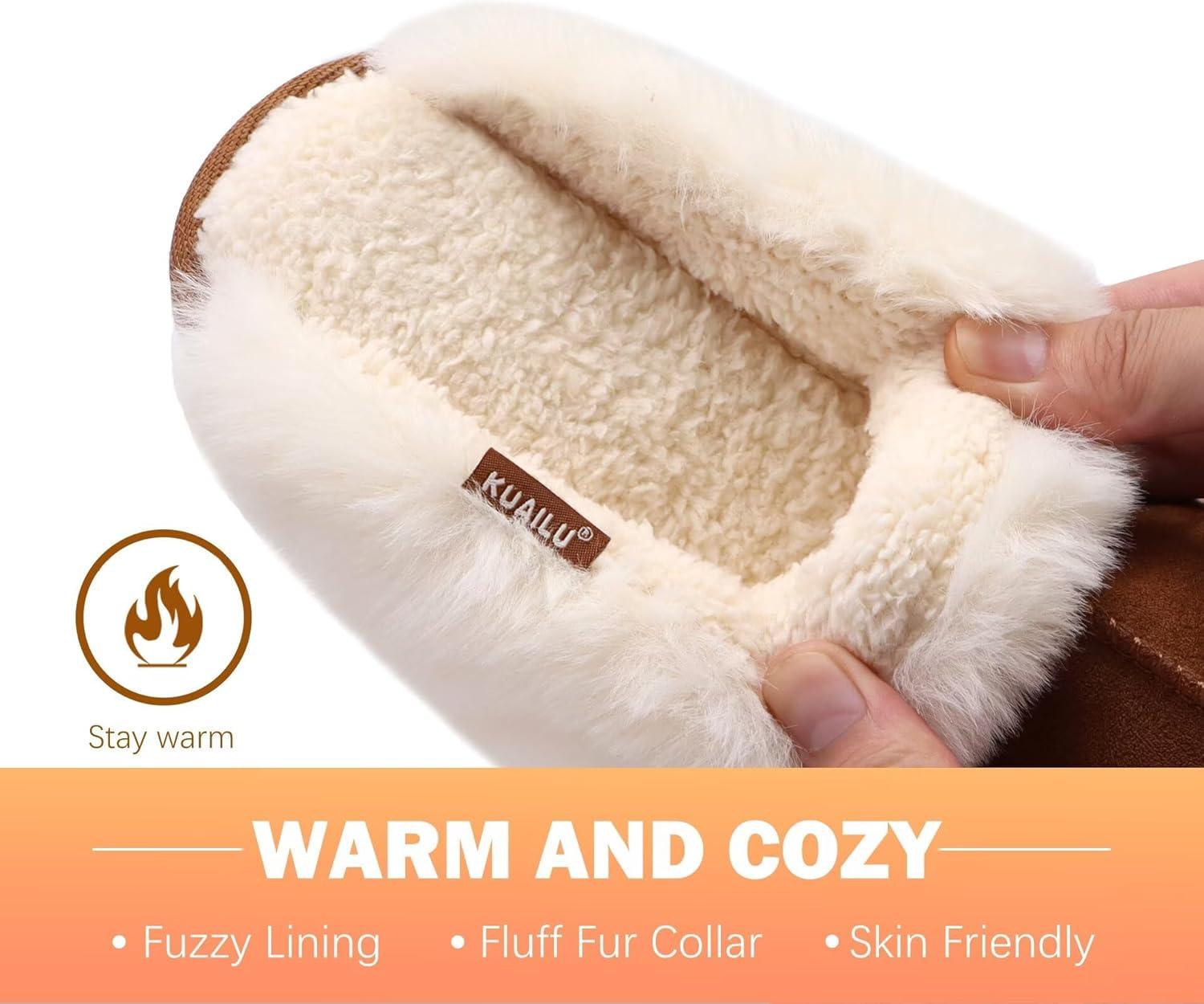 imageKuaiLu Womens Fluff Dual Memory Foam Slippers Ladies Cozy Arch Support Warm Scuff Slippers Slip on Comfy Winter House Shoes with NonSlip Indoor Outdoor Hard SoleChestnut