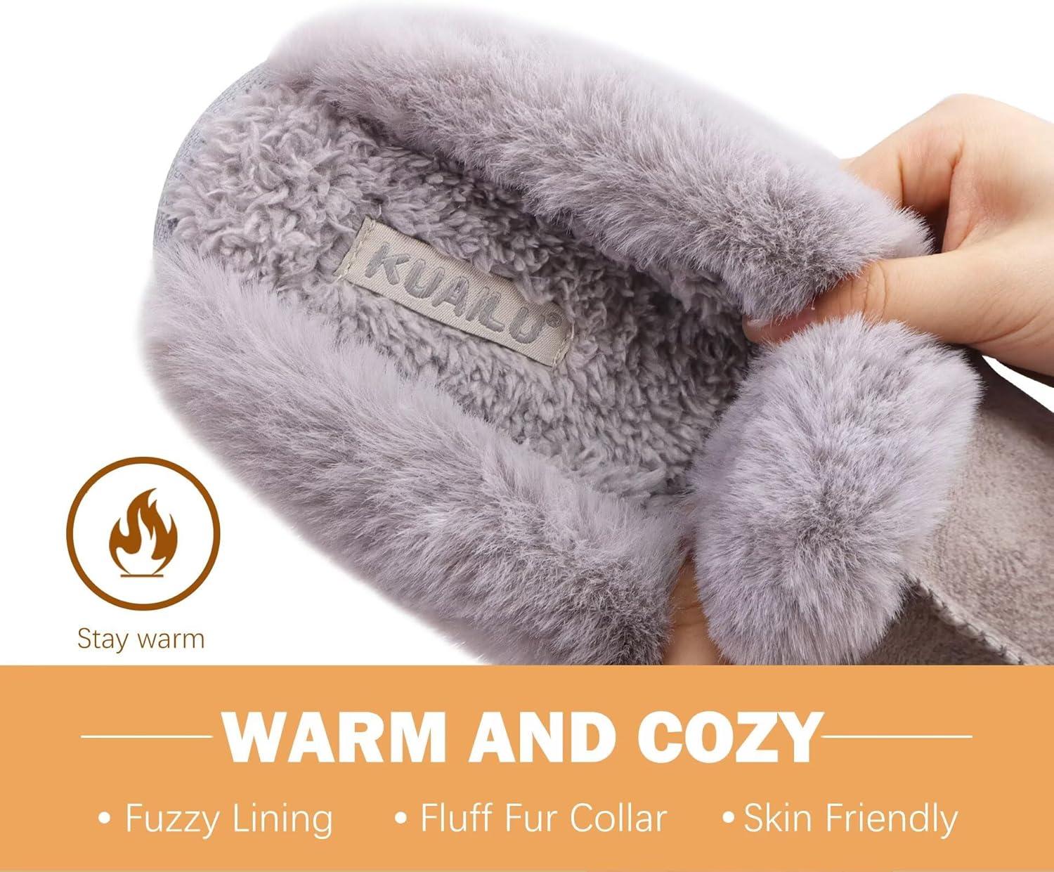 imageKuaiLu Womens Fluff Dual Memory Foam Slippers Ladies Cozy Arch Support Warm Scuff Slippers Slip on Comfy Winter House Shoes with NonSlip Indoor Outdoor Hard SoleGrey