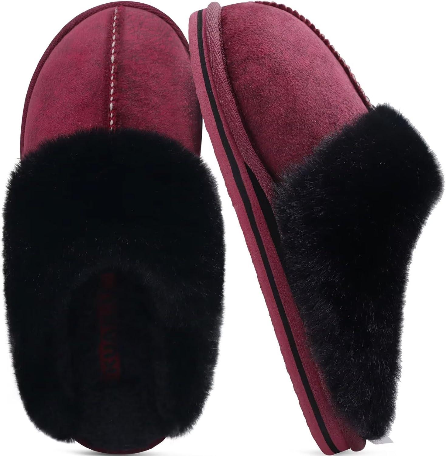 imageKuaiLu Womens Fluff Dual Memory Foam Slippers Ladies Cozy Arch Support Warm Scuff Slippers Slip on Comfy Winter House Shoes with NonSlip Indoor Outdoor Hard SoleRed