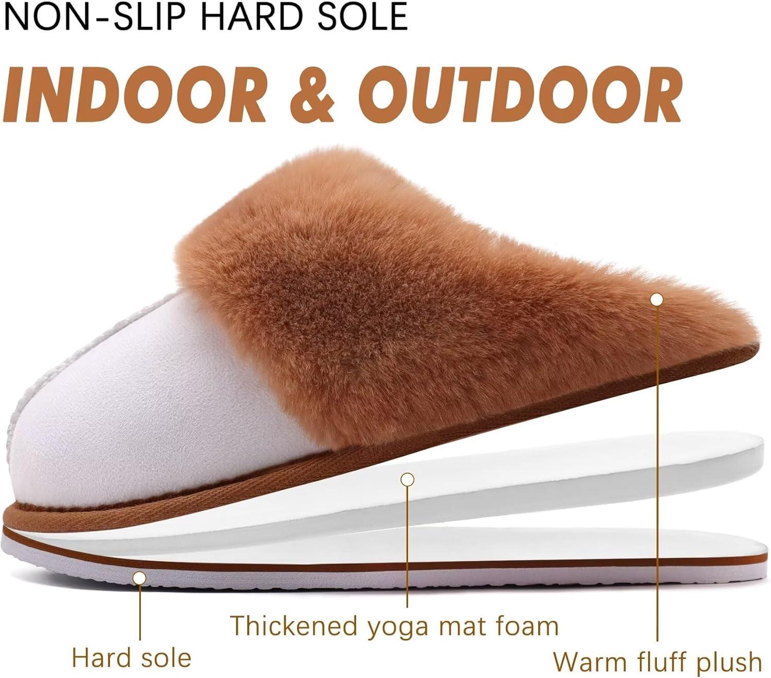 imageKuaiLu Womens Fluff Dual Memory Foam Slippers Ladies Cozy Arch Support Warm Scuff Slippers Slip on Comfy Winter House Shoes with NonSlip Indoor Outdoor Hard SoleWhite Khaki