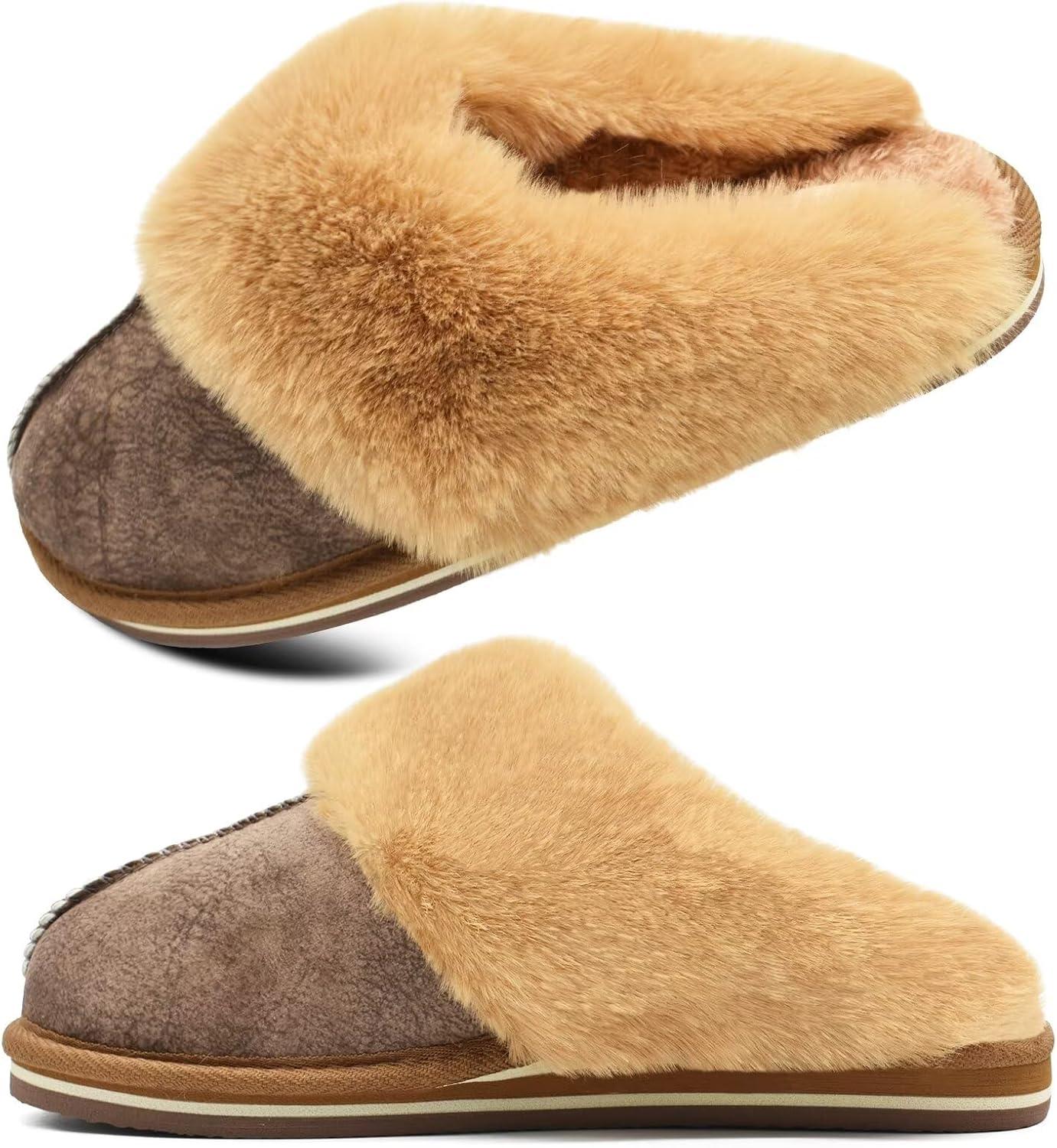 imageKuaiLu Womens Fluff Dual Memory Foam Slippers Ladies Cozy Arch Support Warm Scuff Slippers Slip on Comfy Winter House Shoes with NonSlip Indoor Outdoor Hard SoleBrown