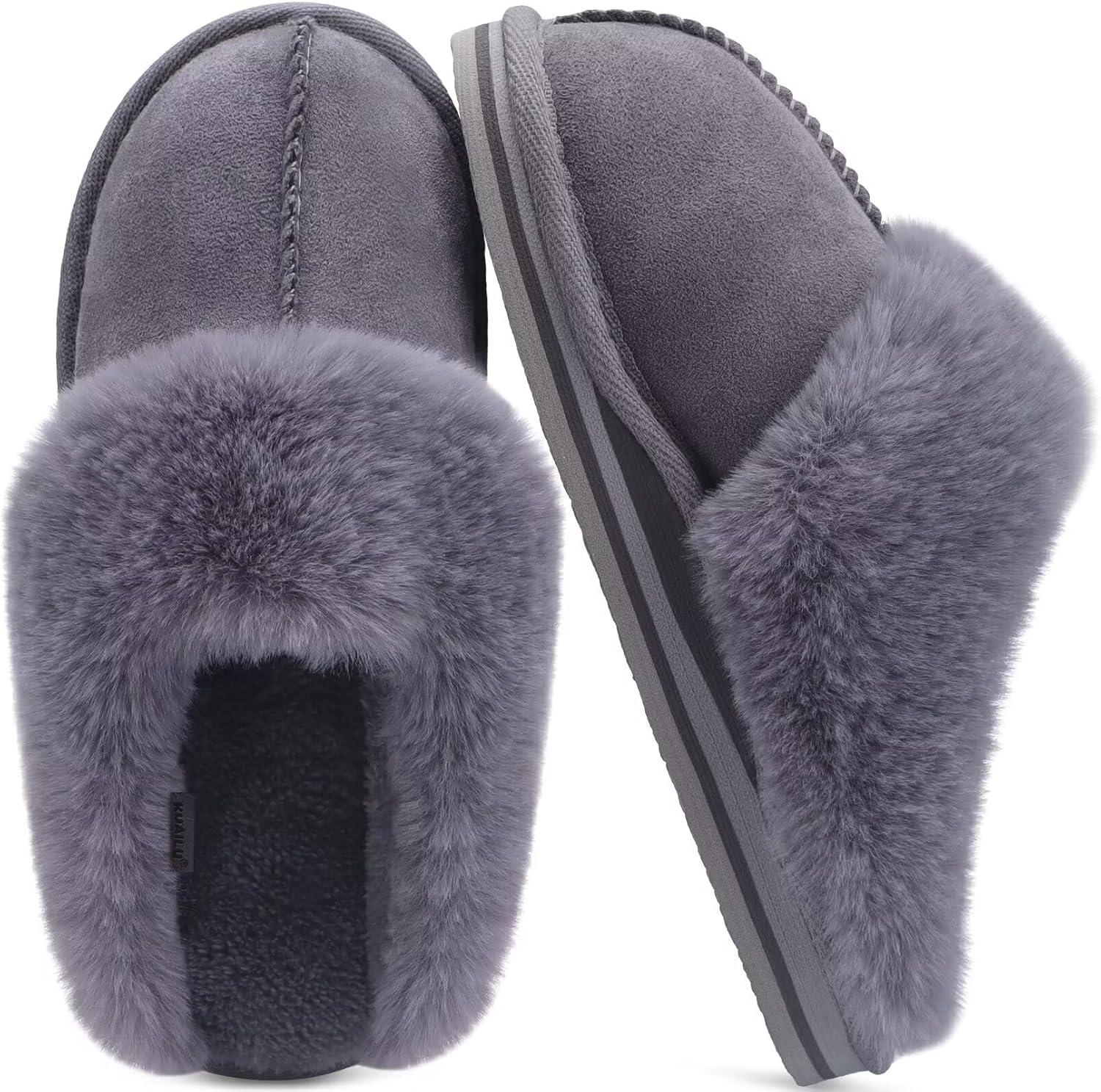 imageKuaiLu Womens Fluff Dual Memory Foam Slippers Ladies Cozy Arch Support Warm Scuff Slippers Slip on Comfy Winter House Shoes with NonSlip Indoor Outdoor Hard SoleDark Grey