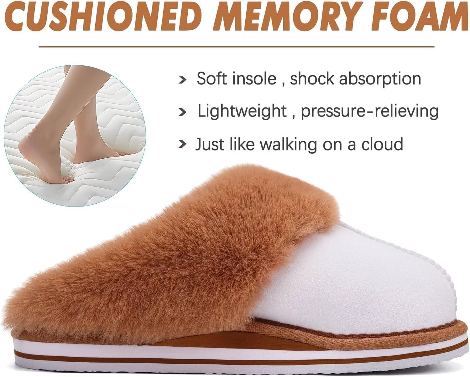 imageKuaiLu Womens Fluff Dual Memory Foam Slippers Ladies Cozy Arch Support Warm Scuff Slippers Slip on Comfy Winter House Shoes with NonSlip Indoor Outdoor Hard SoleWhite Khaki