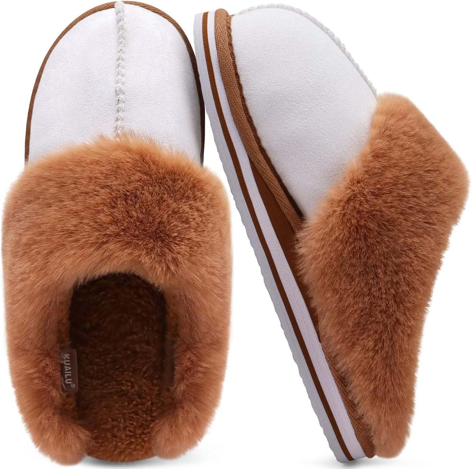 imageKuaiLu Womens Fluff Dual Memory Foam Slippers Ladies Cozy Arch Support Warm Scuff Slippers Slip on Comfy Winter House Shoes with NonSlip Indoor Outdoor Hard SoleWhite Khaki