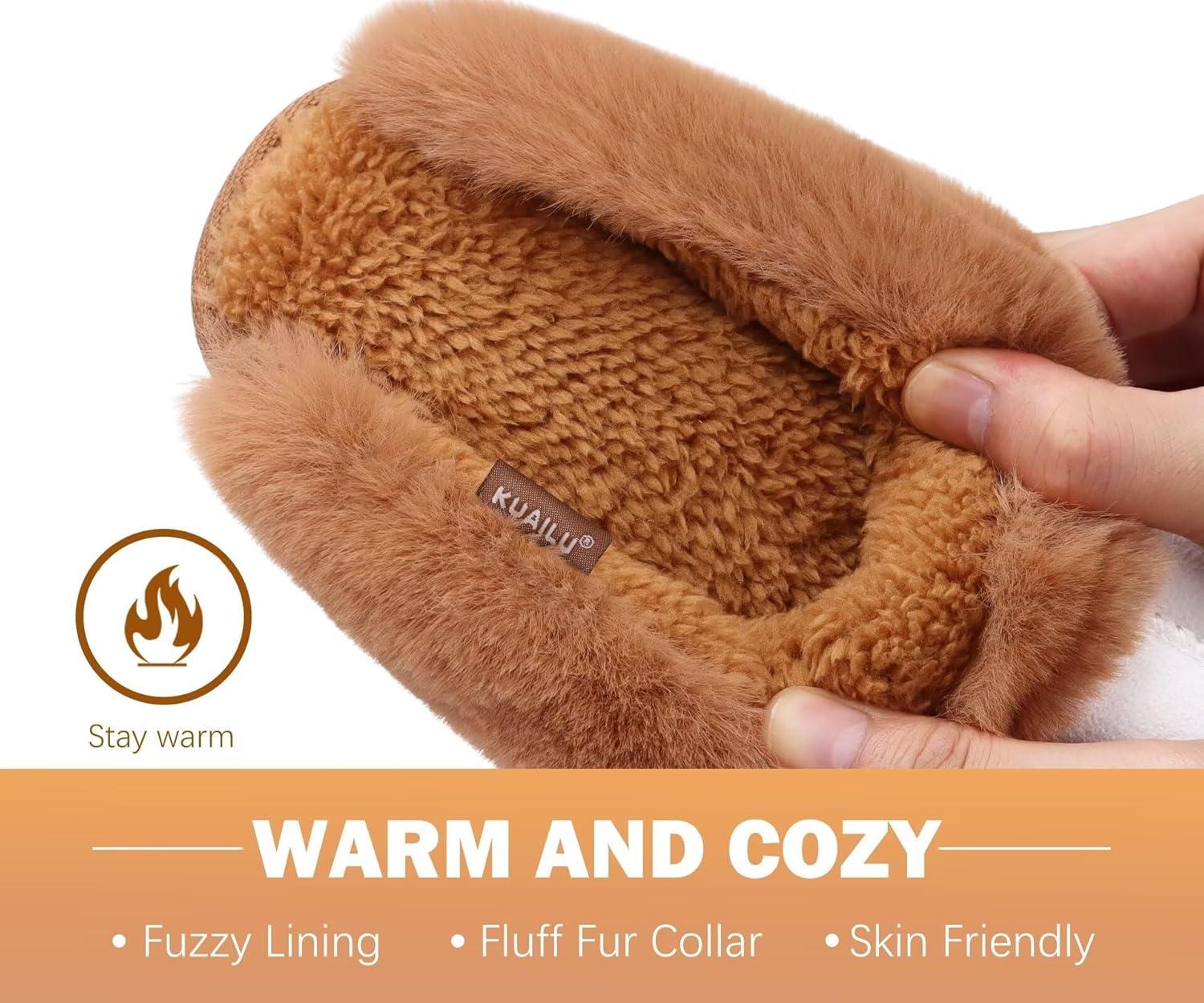 imageKuaiLu Womens Fluff Dual Memory Foam Slippers Ladies Cozy Arch Support Warm Scuff Slippers Slip on Comfy Winter House Shoes with NonSlip Indoor Outdoor Hard SoleWhite Khaki