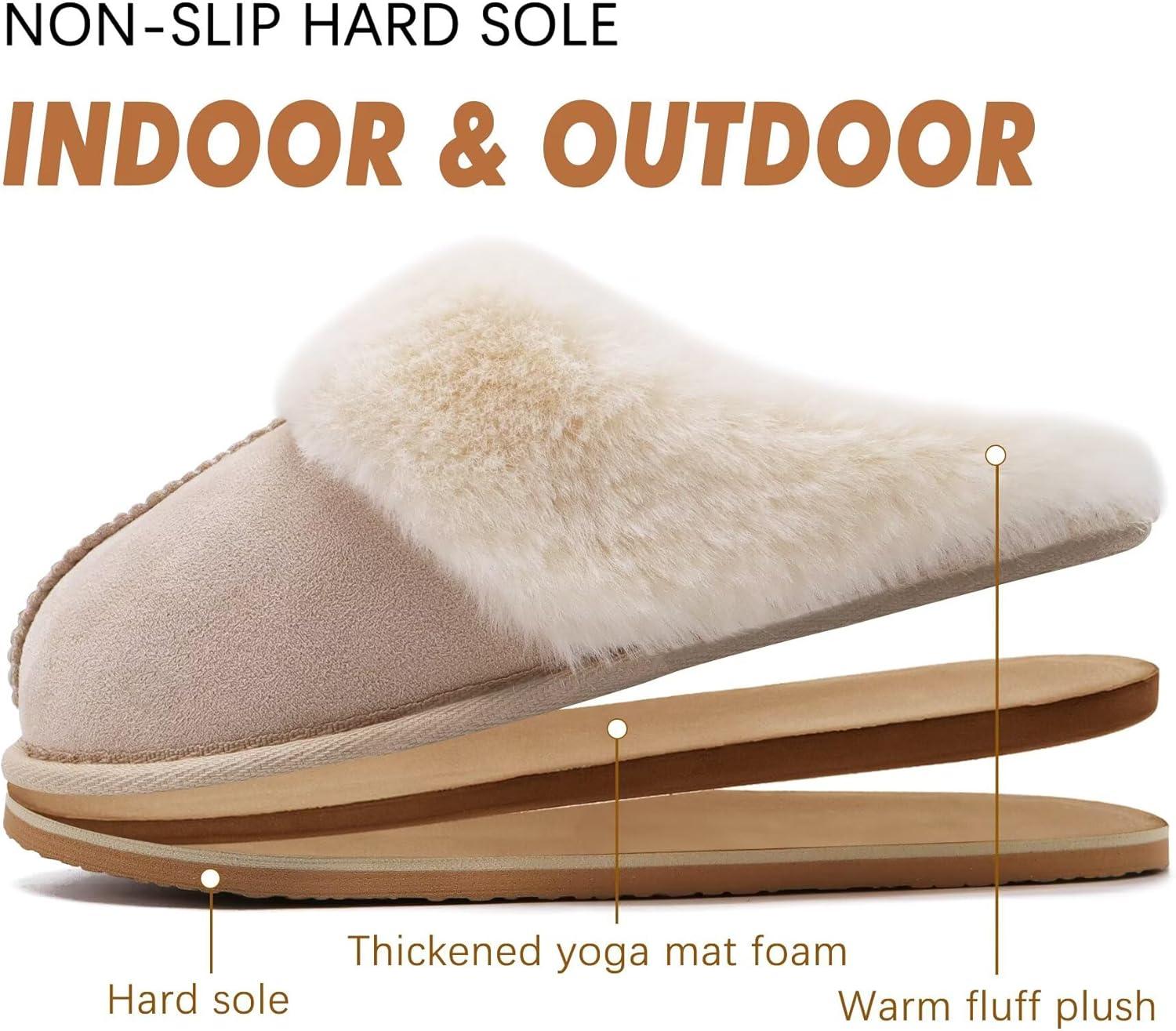imageKuaiLu Womens Fluff Dual Memory Foam Slippers Ladies Cozy Arch Support Warm Scuff Slippers Slip on Comfy Winter House Shoes with NonSlip Indoor Outdoor Hard SoleApricot