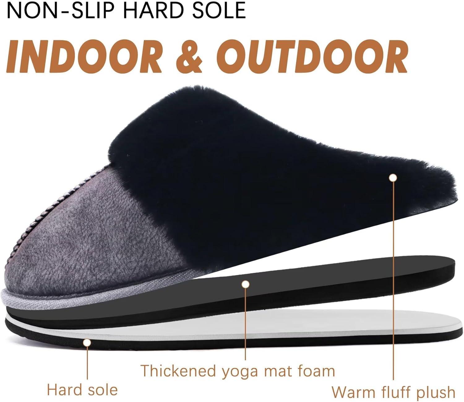 imageKuaiLu Womens Fluff Dual Memory Foam Slippers Ladies Cozy Arch Support Warm Scuff Slippers Slip on Comfy Winter House Shoes with NonSlip Indoor Outdoor Hard SoleBlack
