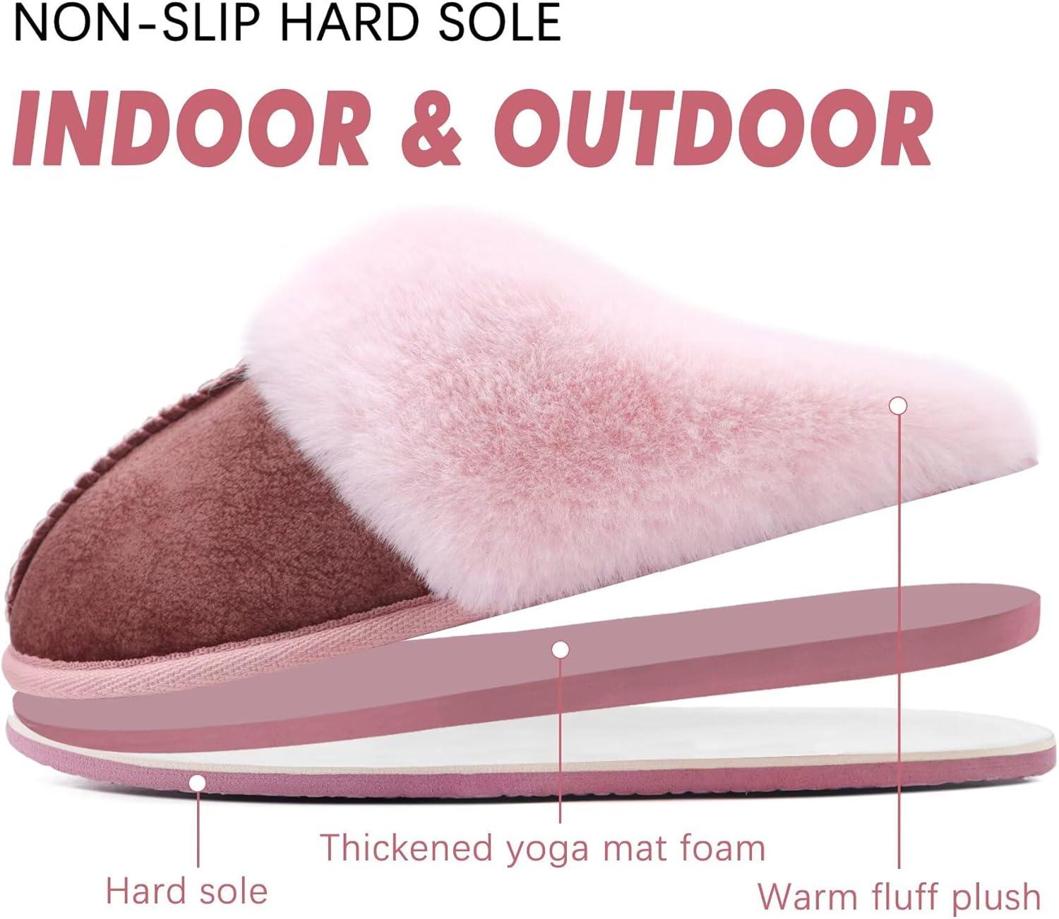 imageKuaiLu Womens Fluff Dual Memory Foam Slippers Ladies Cozy Arch Support Warm Scuff Slippers Slip on Comfy Winter House Shoes with NonSlip Indoor Outdoor Hard SolePink