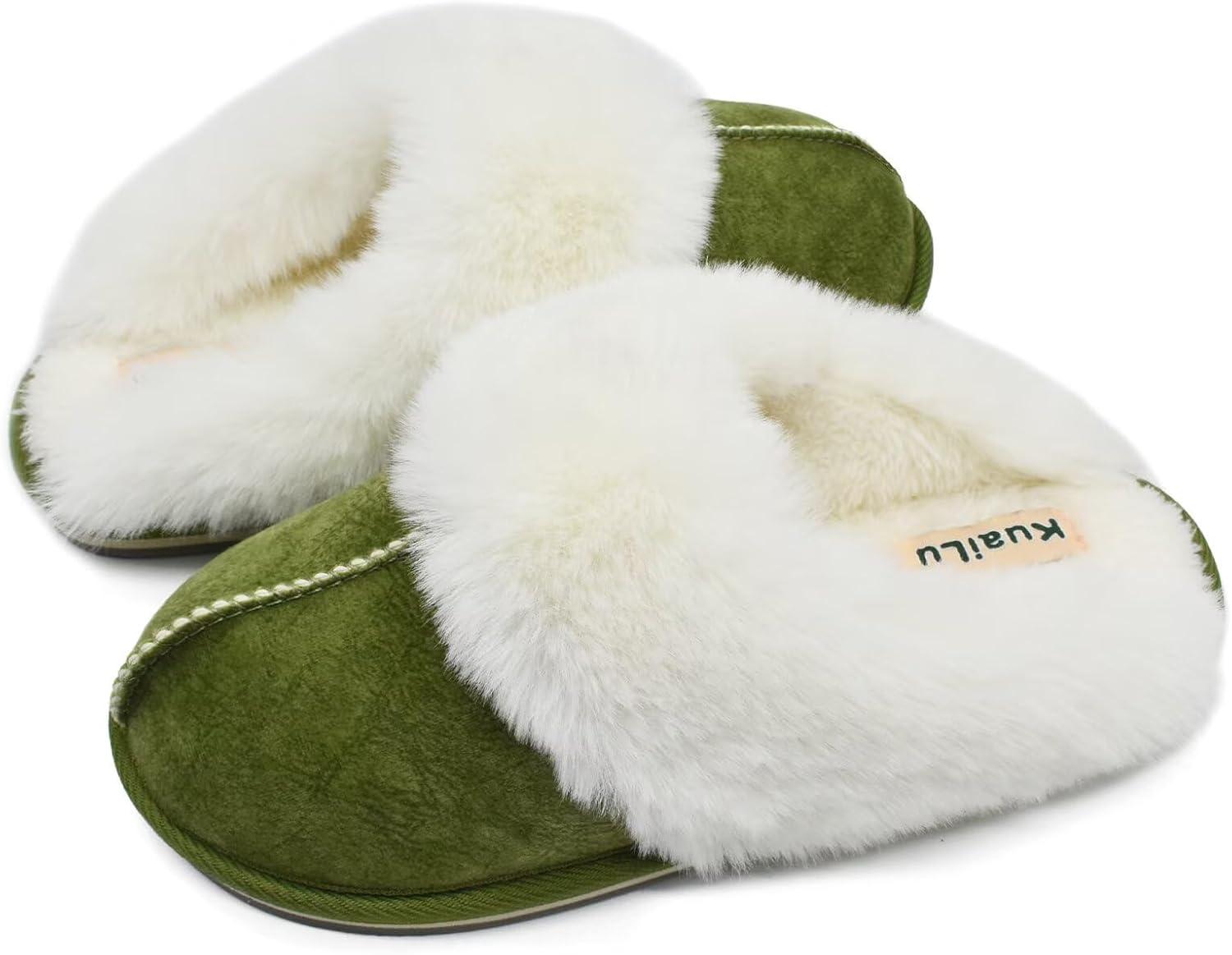 imageKuaiLu Womens Fluff Dual Memory Foam Slippers Ladies Cozy Arch Support Warm Scuff Slippers Slip on Comfy Winter House Shoes with NonSlip Indoor Outdoor Hard SoleGreen