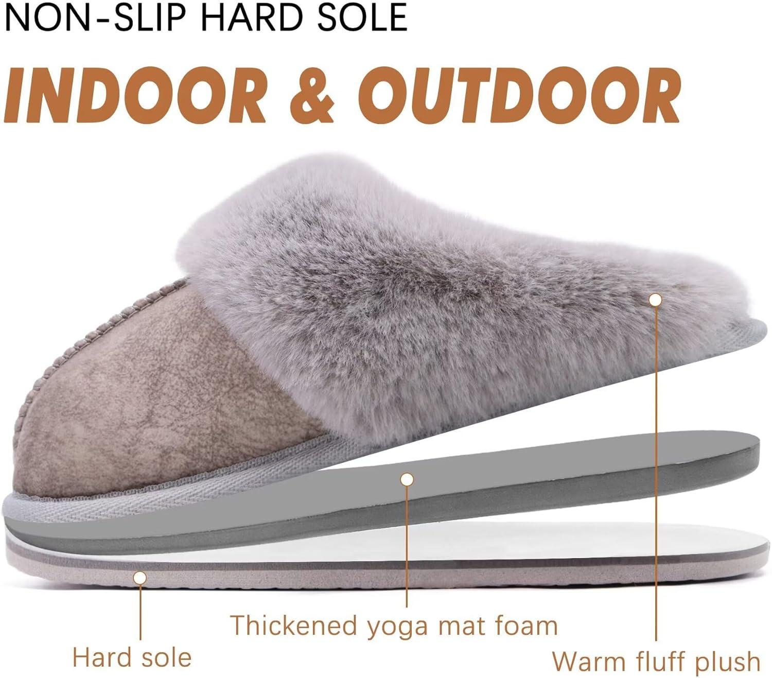 imageKuaiLu Womens Fluff Dual Memory Foam Slippers Ladies Cozy Arch Support Warm Scuff Slippers Slip on Comfy Winter House Shoes with NonSlip Indoor Outdoor Hard SoleGrey