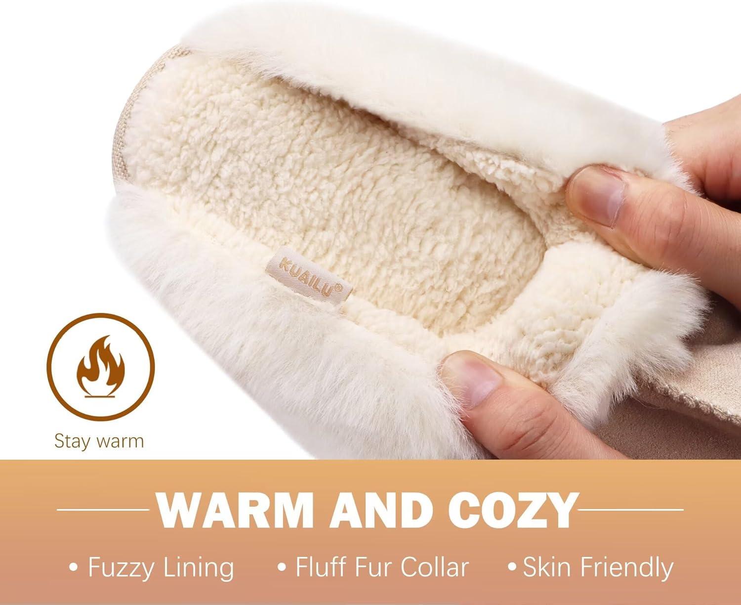 imageKuaiLu Womens Fluff Dual Memory Foam Slippers Ladies Cozy Arch Support Warm Scuff Slippers Slip on Comfy Winter House Shoes with NonSlip Indoor Outdoor Hard SoleApricot