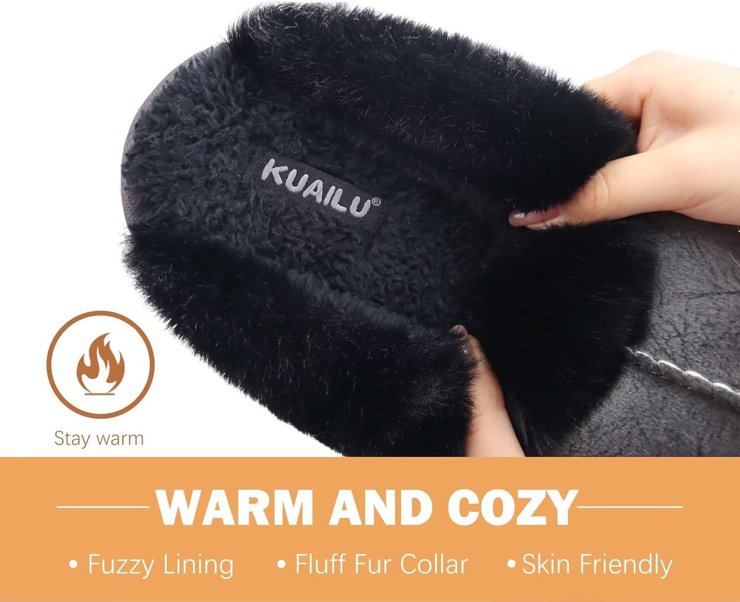 imageKuaiLu Womens Fluff Dual Memory Foam Slippers Ladies Cozy Arch Support Warm Scuff Slippers Slip on Comfy Winter House Shoes with NonSlip Indoor Outdoor Hard SoleBlack